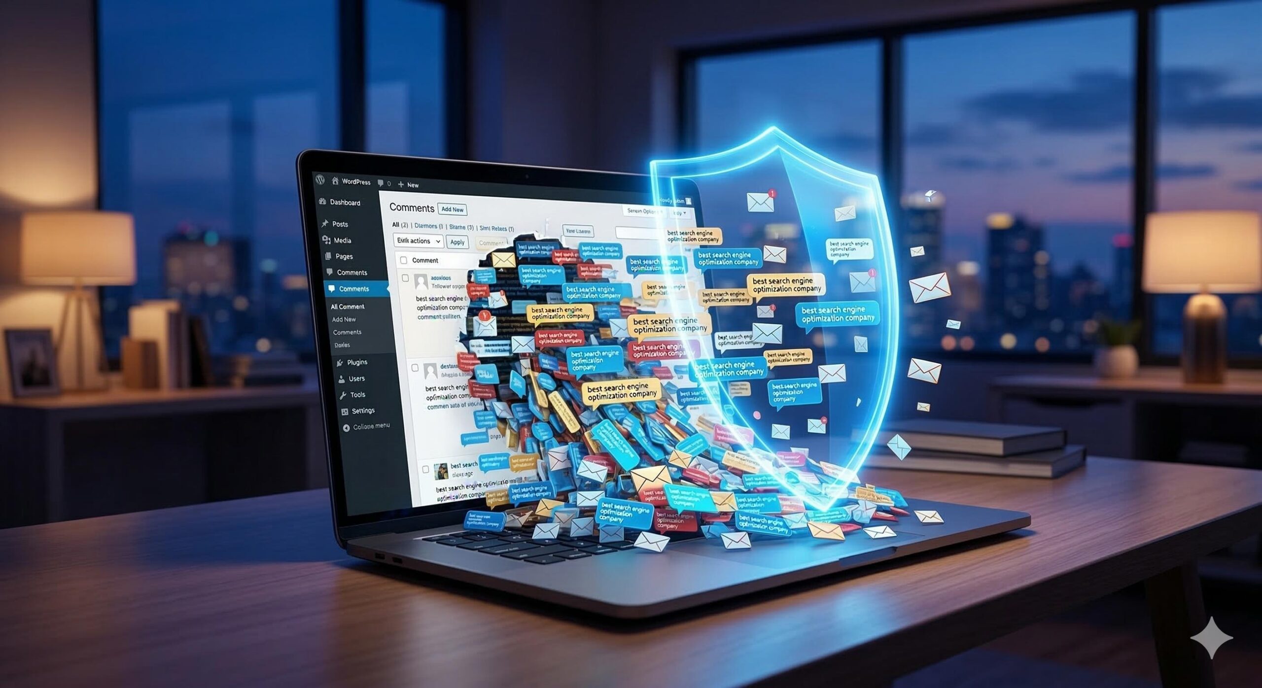 A waterfall of 'best search engine optimization company' spam bubbles overwhelms a laptop before being blocked by a blue digital shield.