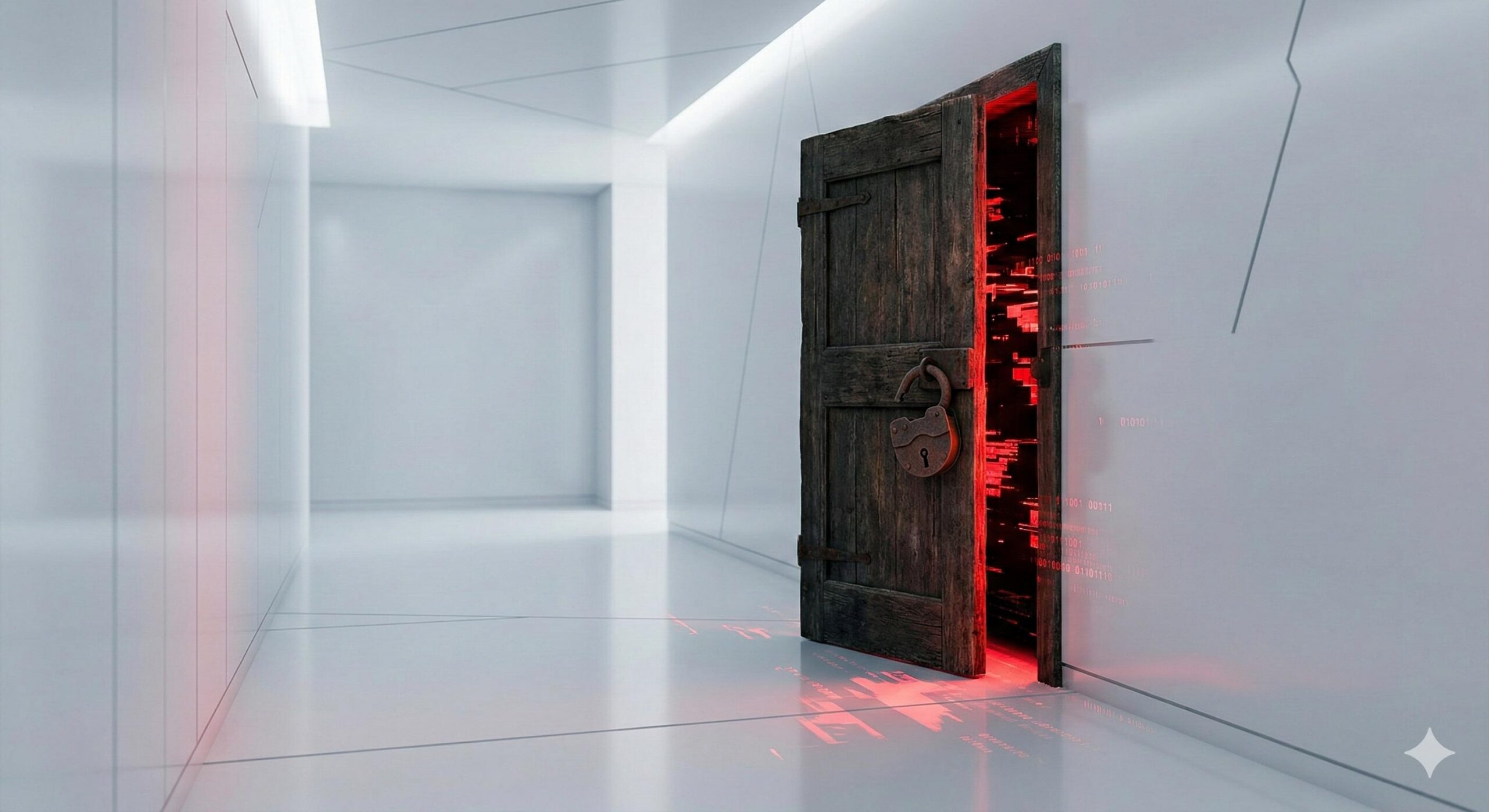 An ajar wooden door with an open rusty padlock, symbolizing website vulnerabilities.