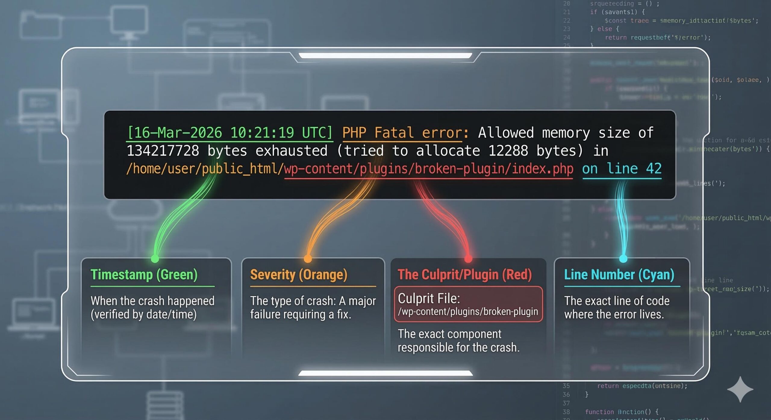 An infographic breaking down a chaotic raw error log line into simple, understandable components like Timestamp and Culprit.