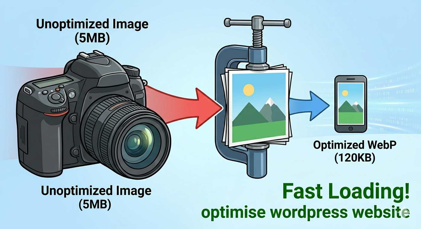 Before and after image compression on a WordPress website.
