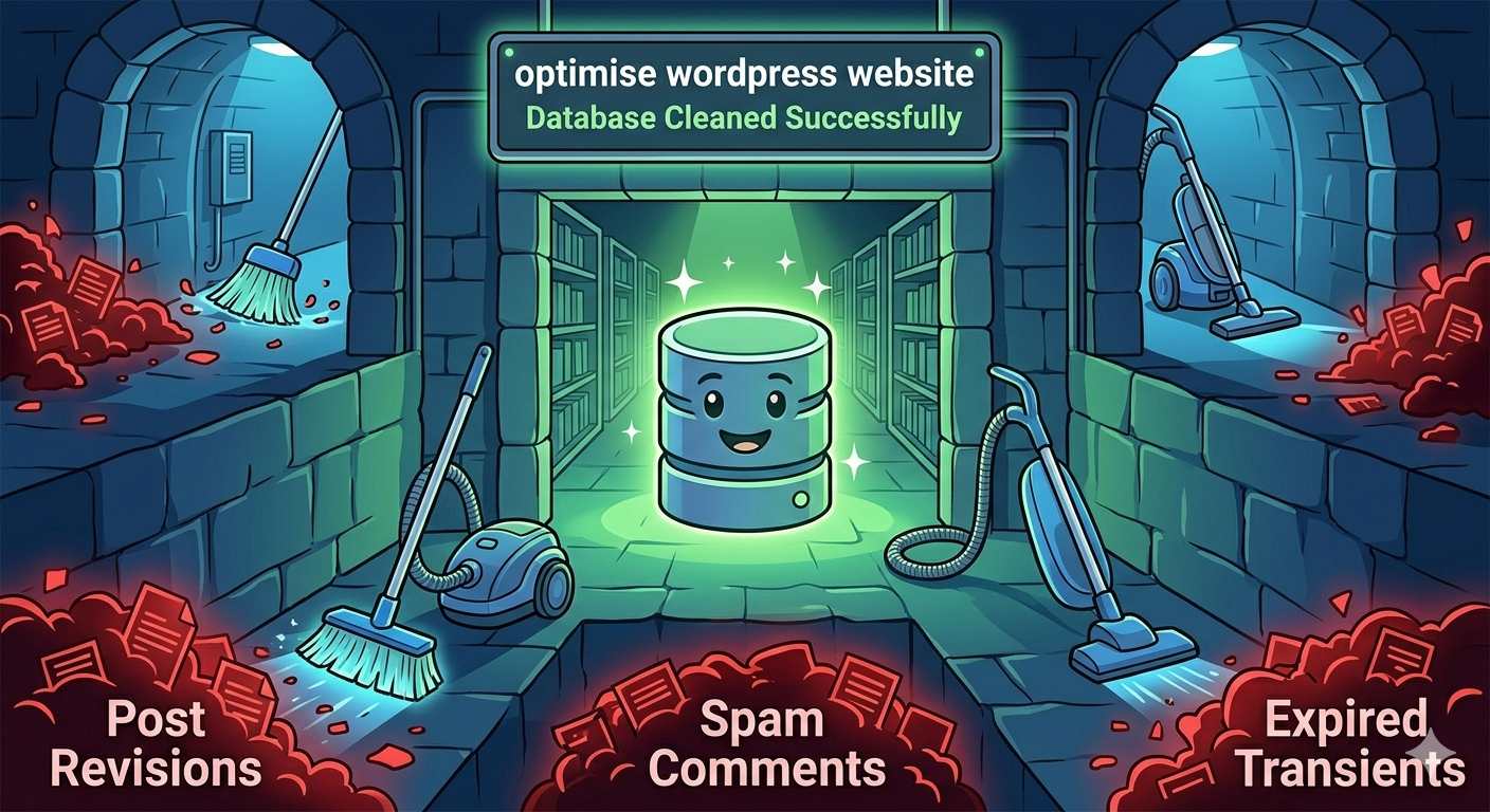 Concept of deleting digital clutter to optimise a WordPress website database.