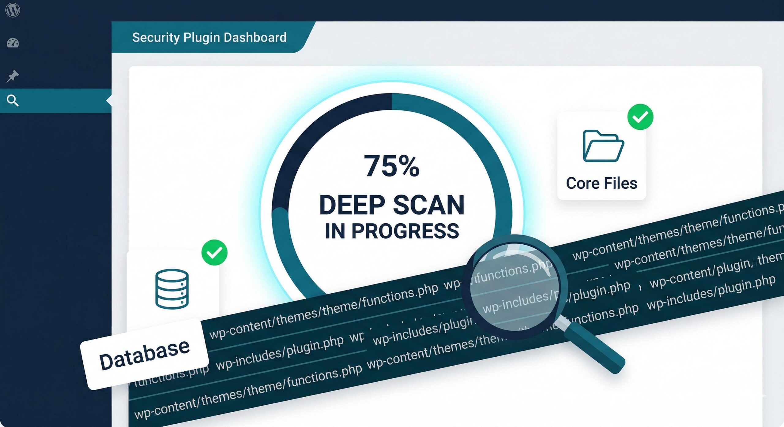 Digital illustration of a WordPress security plugin running a deep malware file scan.