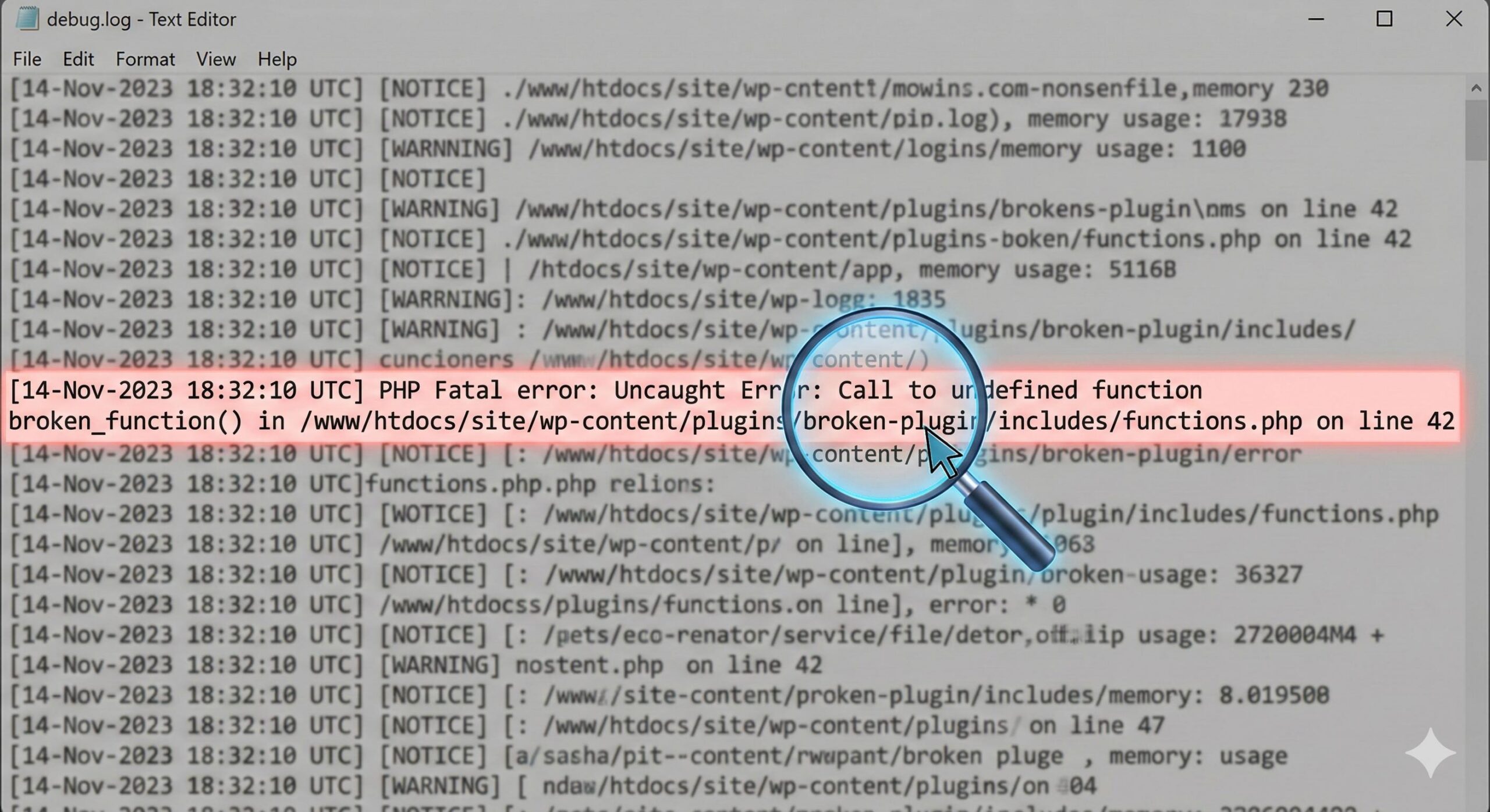 Example of a WordPress debug log highlighting a Fatal Error caused by a specific plugin.