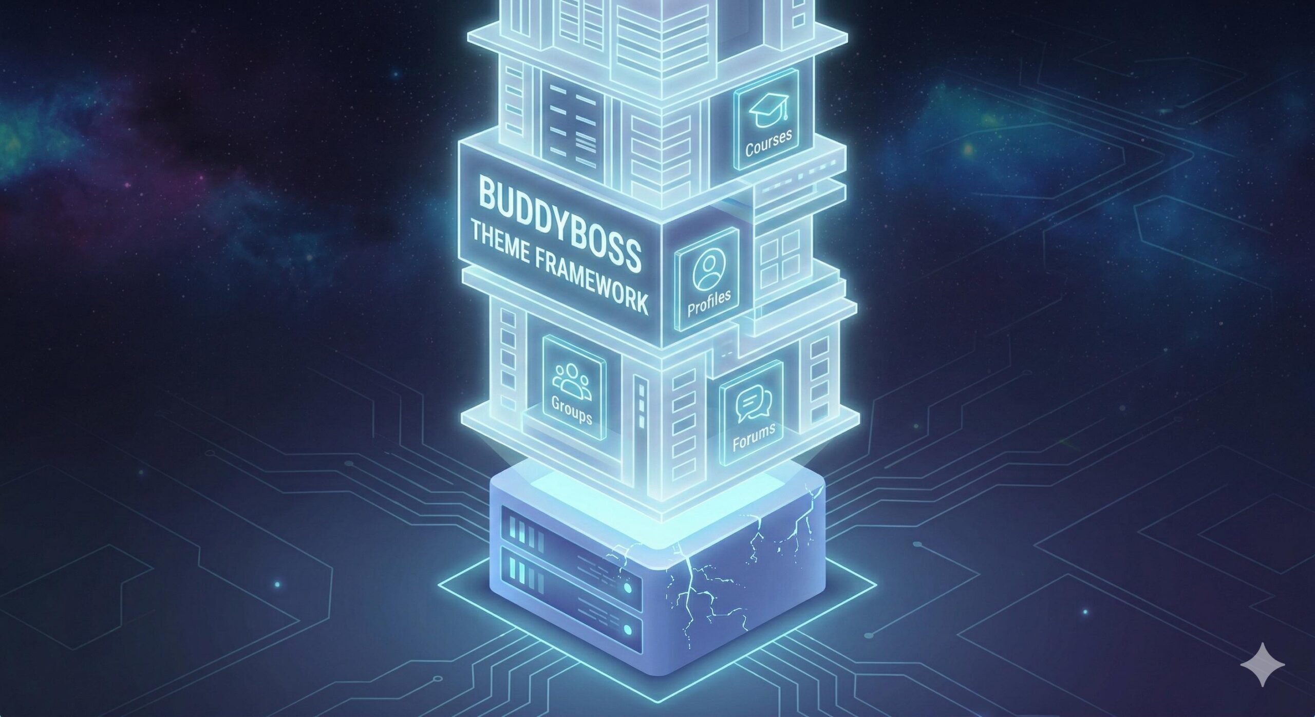 Illustration of a small server struggling to support the heavy features of the BuddyBoss Theme.