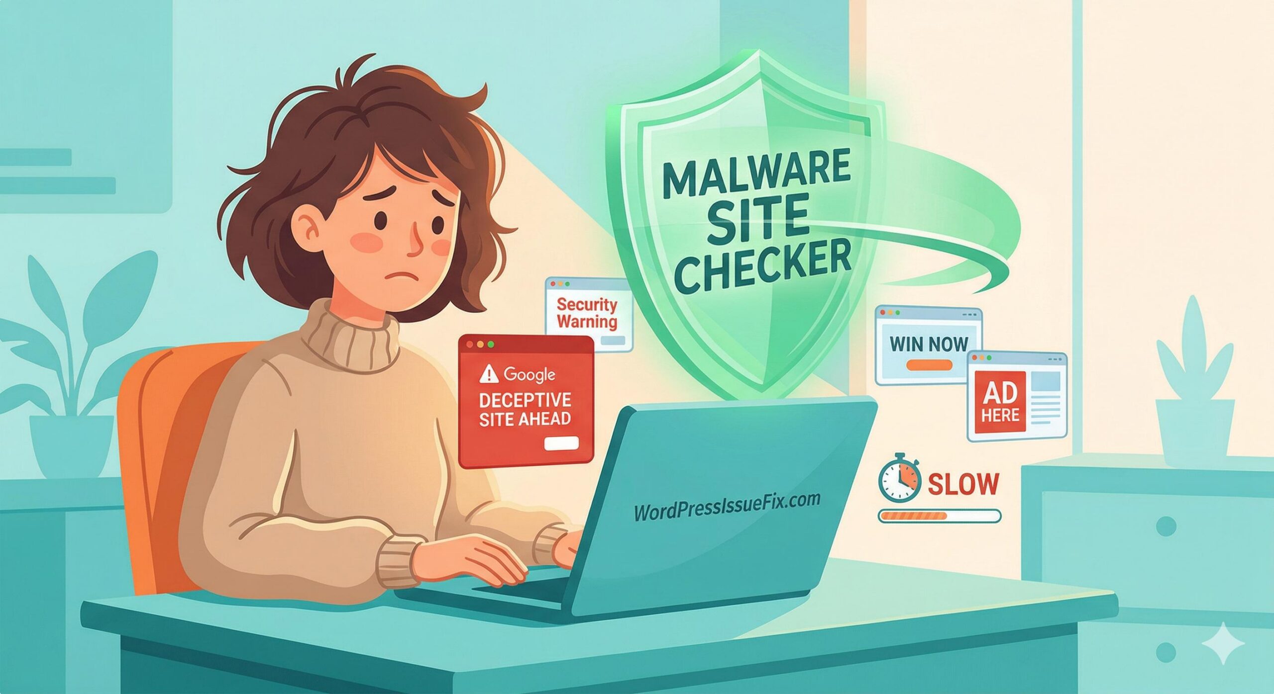 Illustration of a website owner distressed by redirects and slow loading speed.