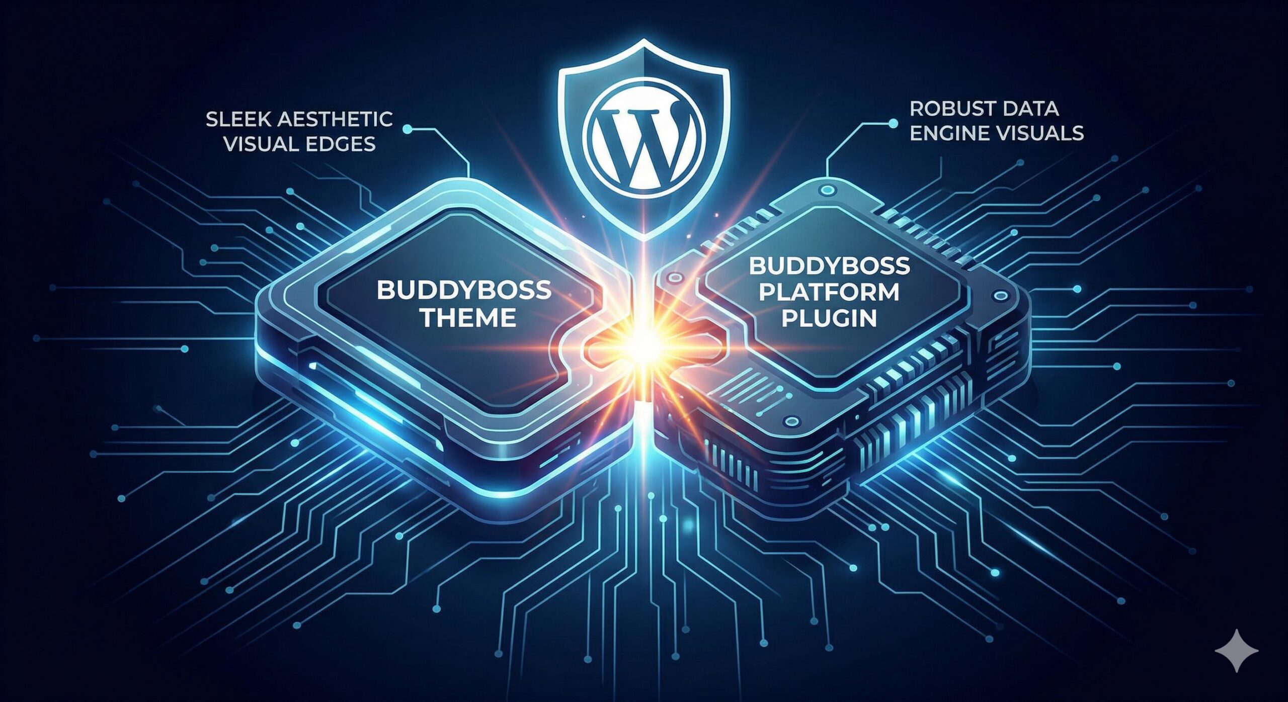 Illustration of the BuddyBoss Theme interlocking perfectly with the BuddyBoss Platform Plugin for a stable WordPress site.