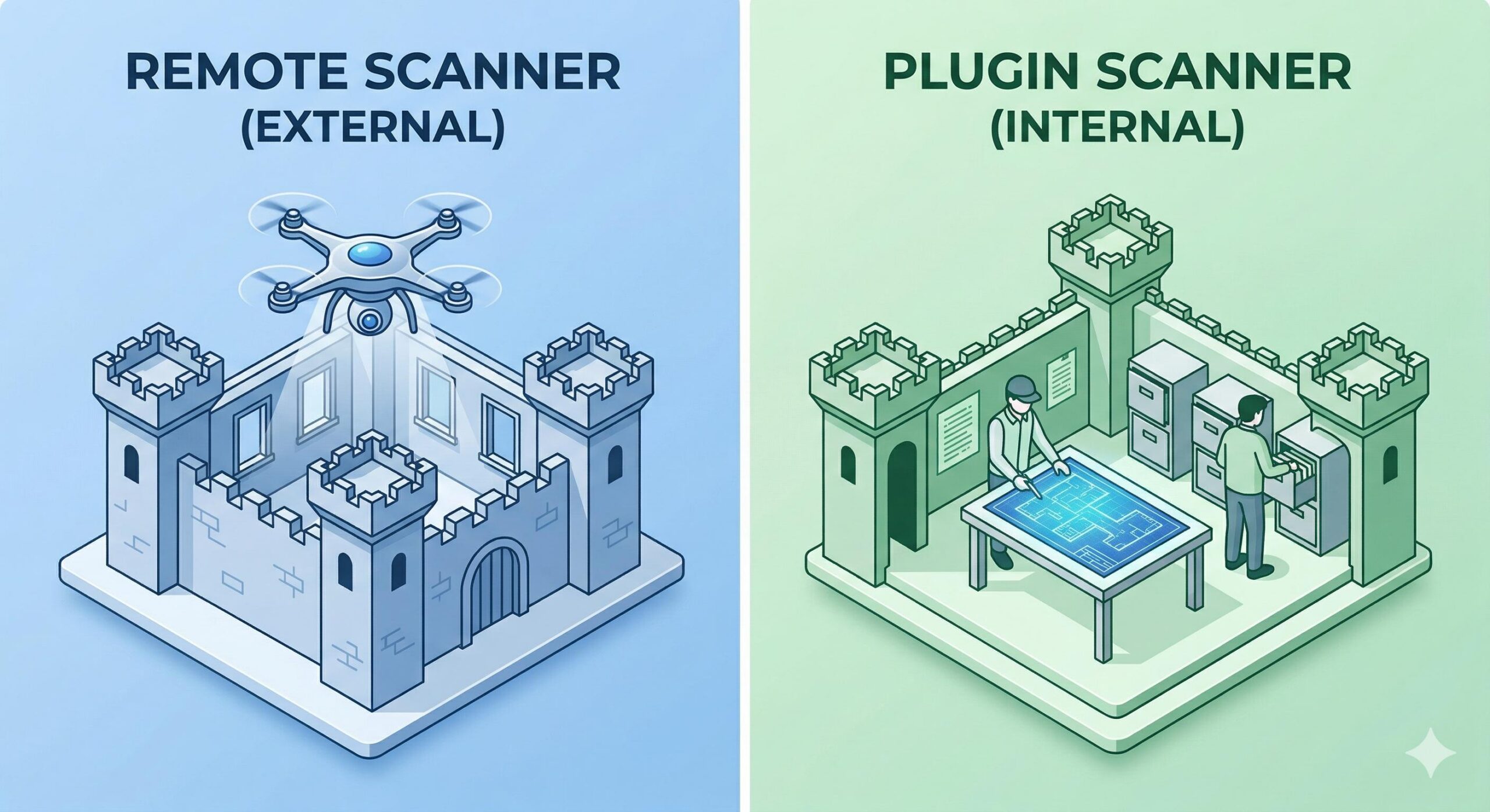 Infographic comparing an external remote scanner to an internal WordPress plugin scanner.