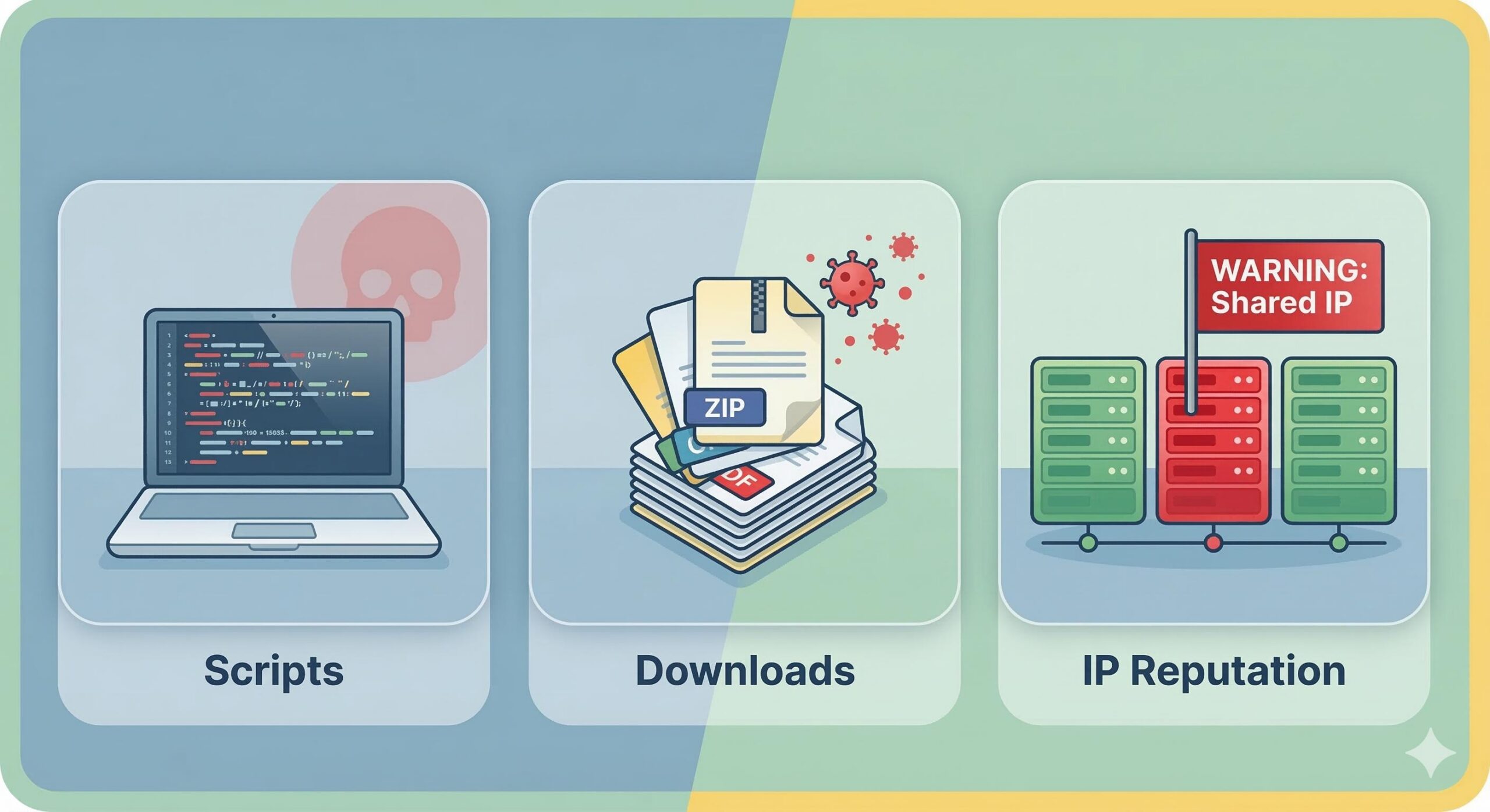 Infographic panel visualizing the three causes of the block_ bad scripts, infected files, and shared IP reputation.
