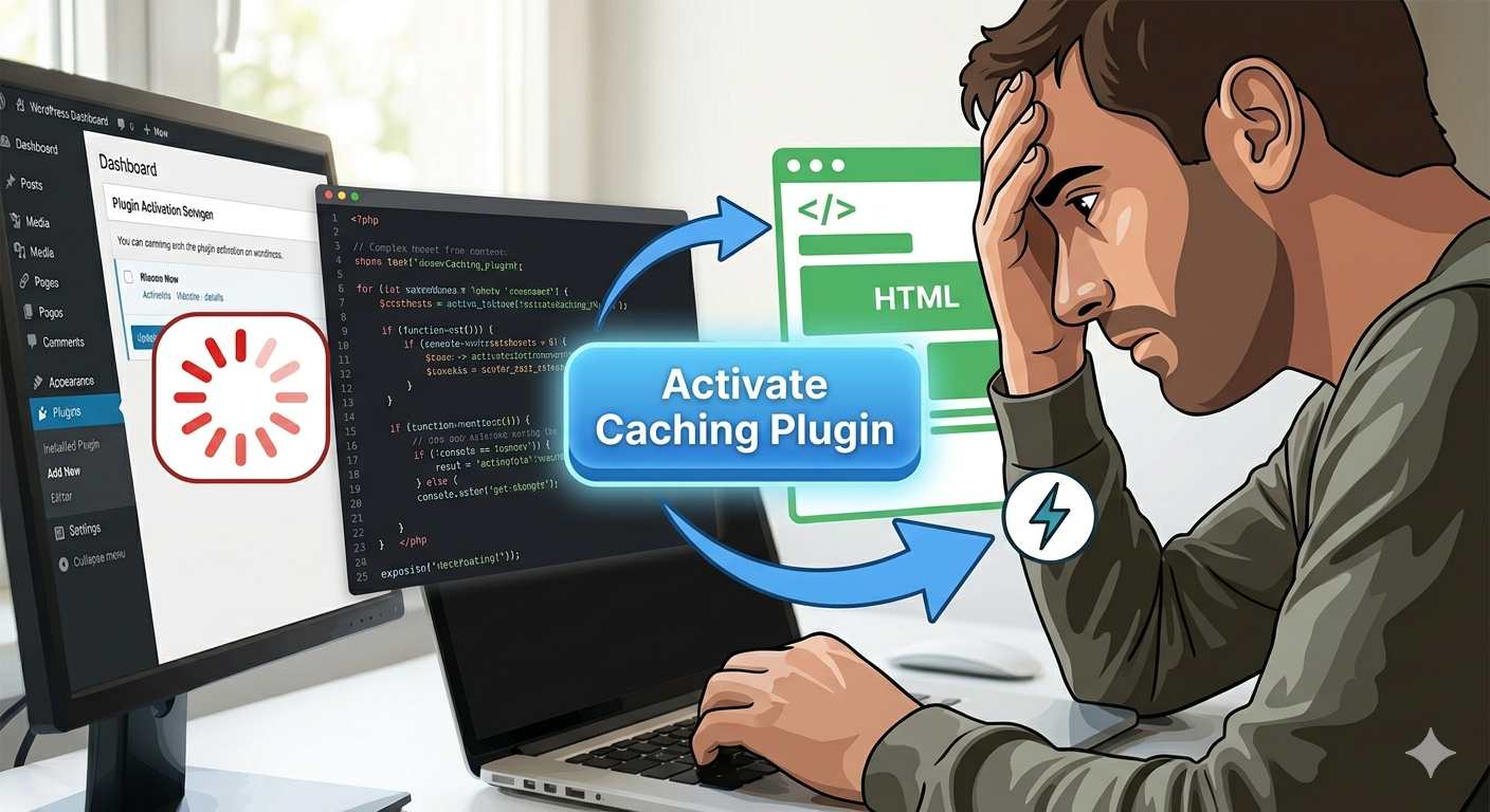 Infographic showing a caching plugin optimizing a WordPress website.