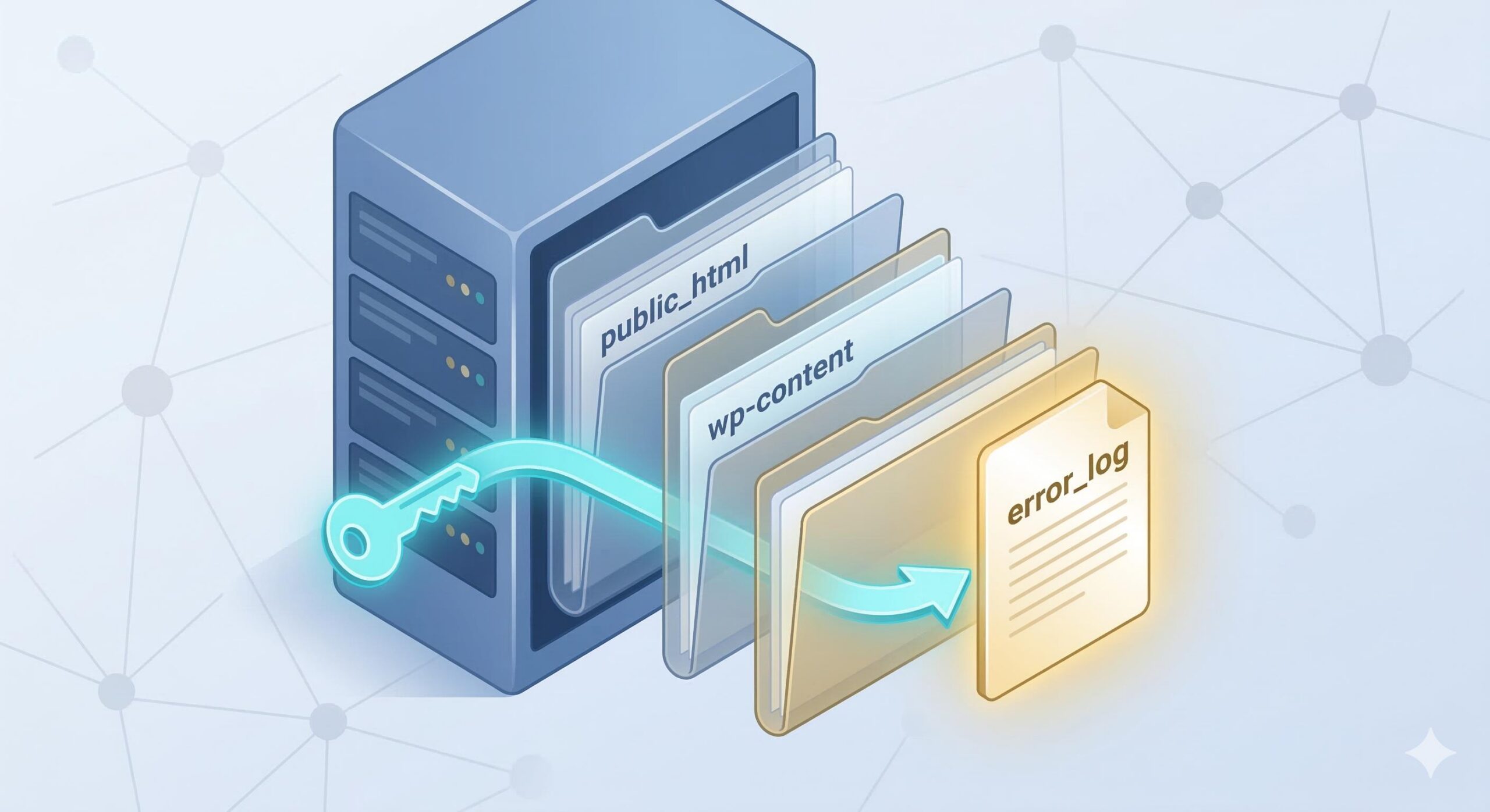 Isometric view of nested digital folders leading directly to a glowing file named error_log.
