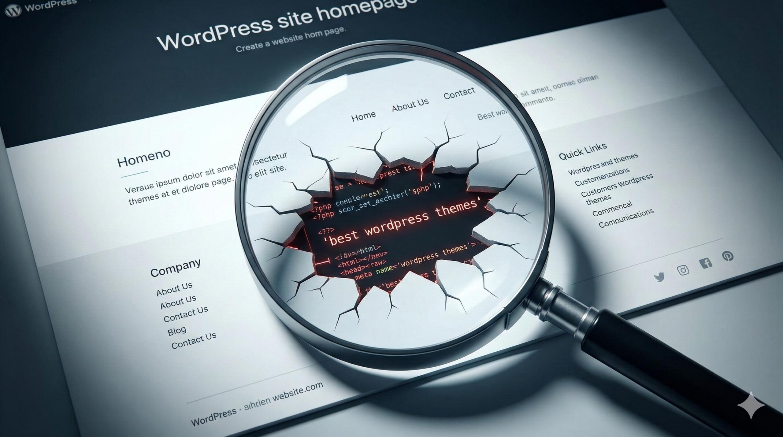Magnifying glass revealing hidden red 'best wordpress themes' code under a clean WordPress footer design.
