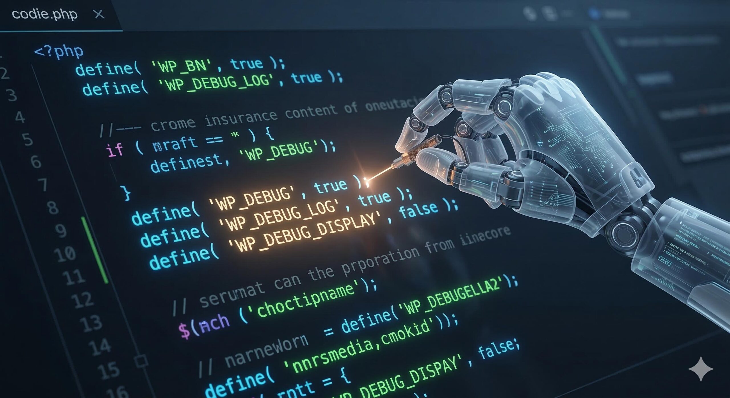 Neon blue lines of PHP code being precisely inserted by a robotic tool into a dark code editor screen.