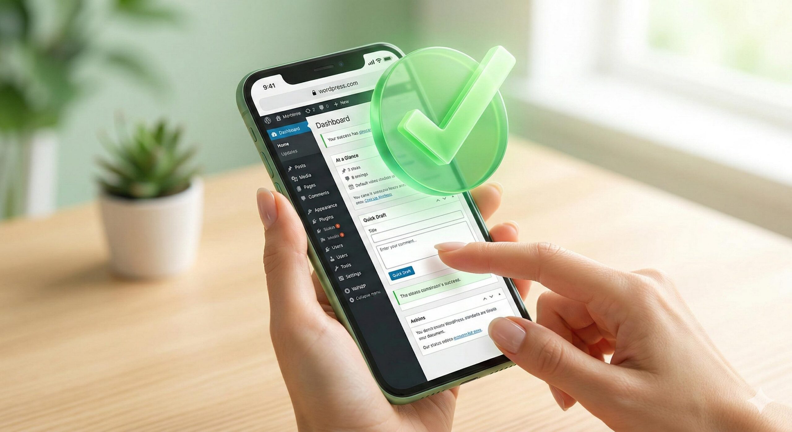Reassuring visual of a fixed WordPress site dashboard with a green checkmark.