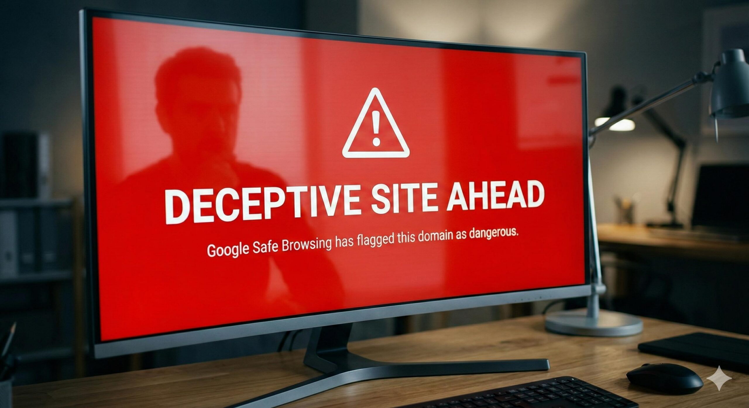 Red browser warning screen stating Deceptive Site Ahead.
