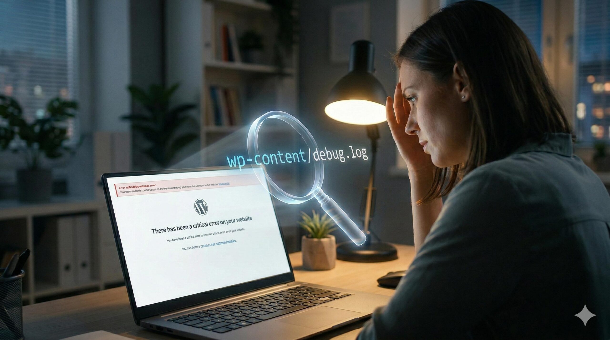 Stressed WordPress user finding a hidden debug log file on a laptop.