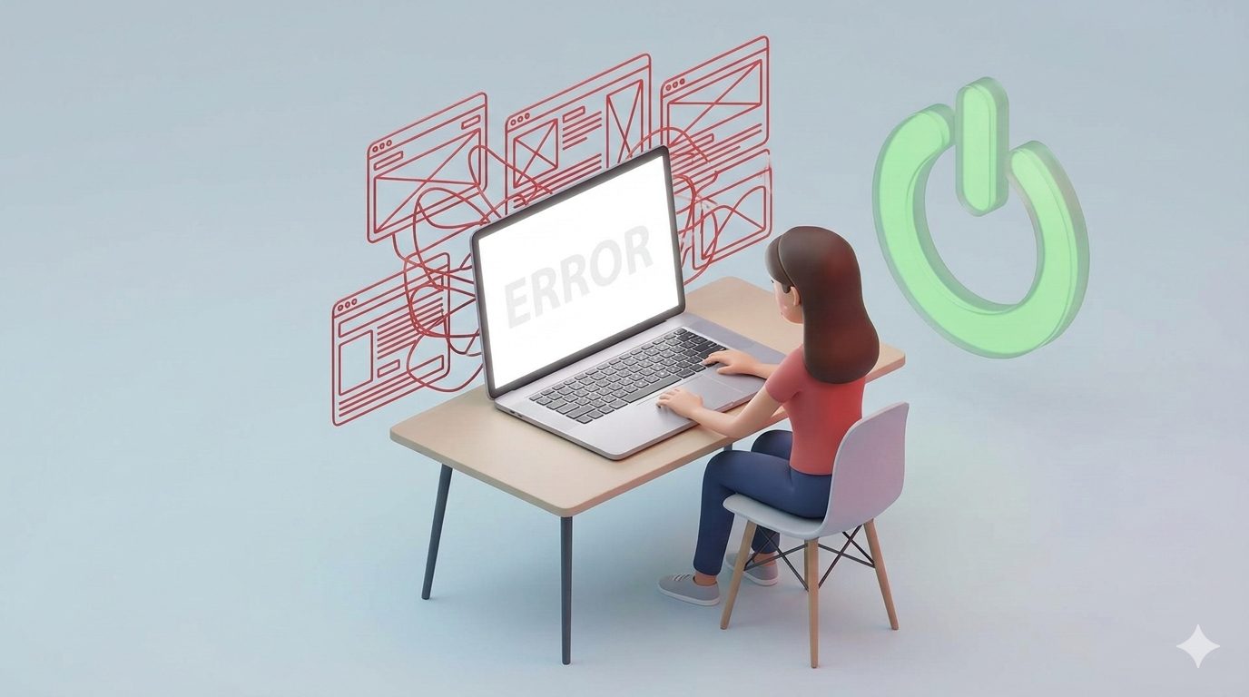 Stressed blogger looking at a blank laptop screen.