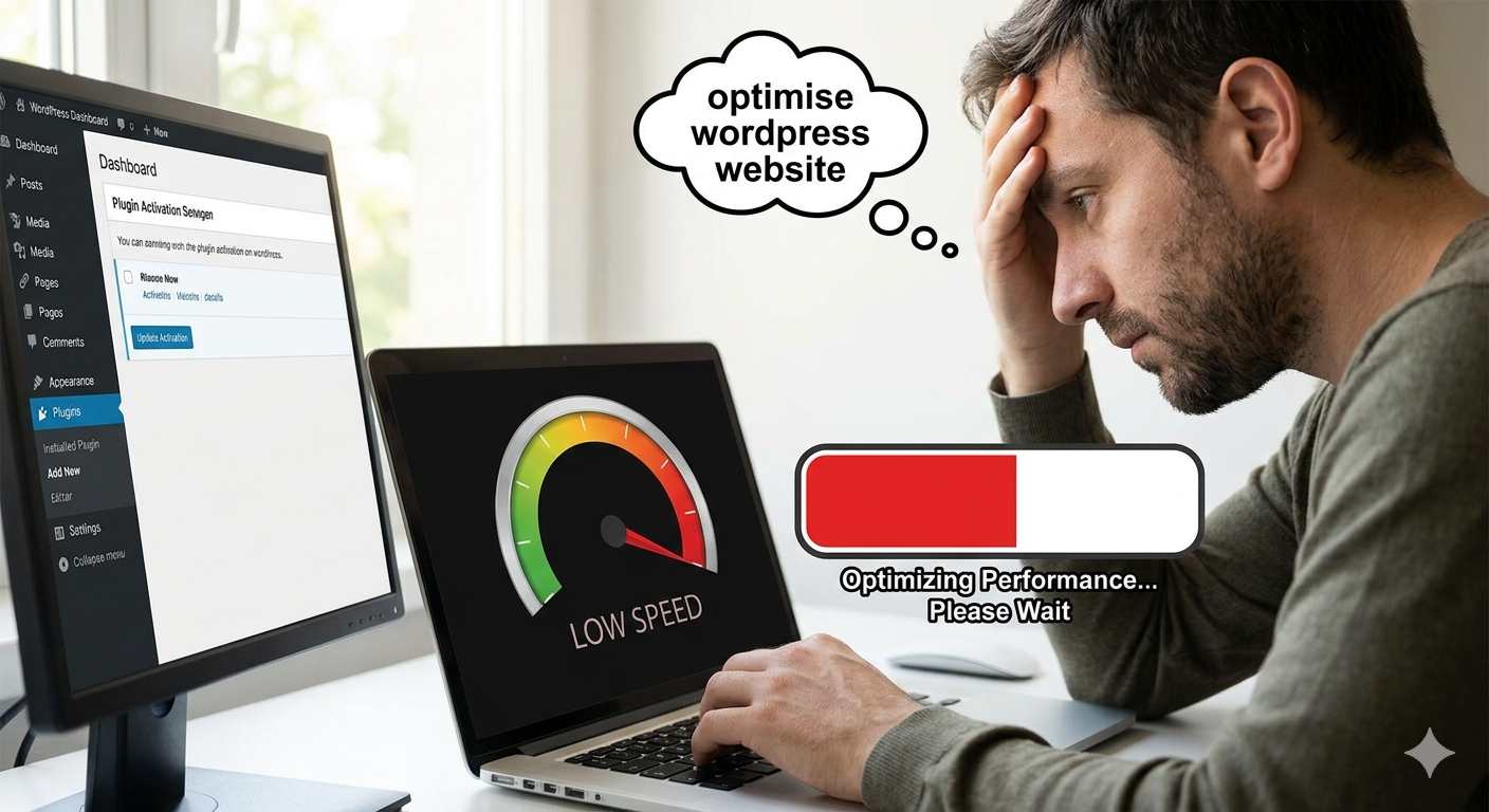 Stressed blogger trying to optimise WordPress website speed.