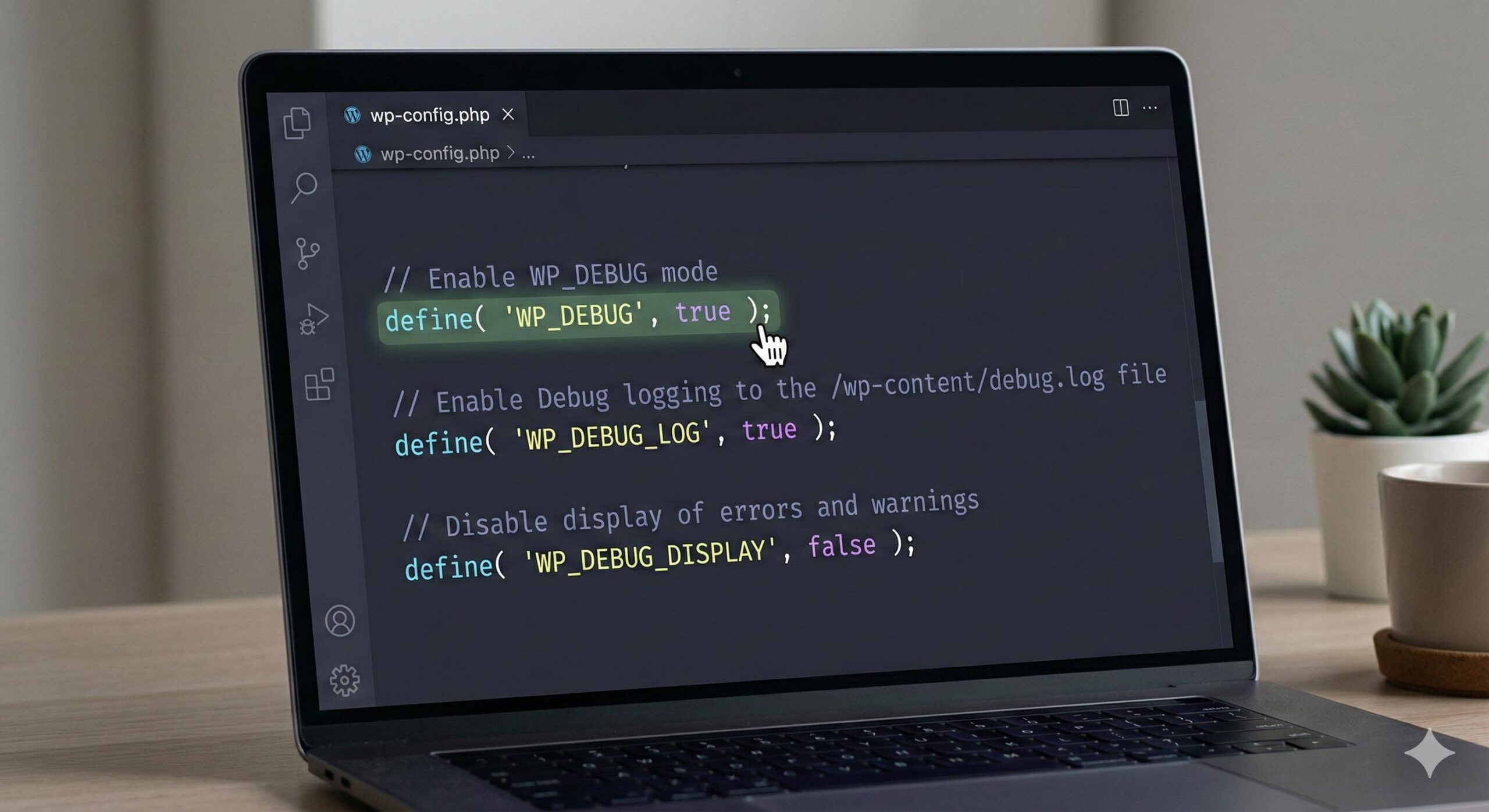 Visual representation of wp-config.php code showing how to enable error logging.