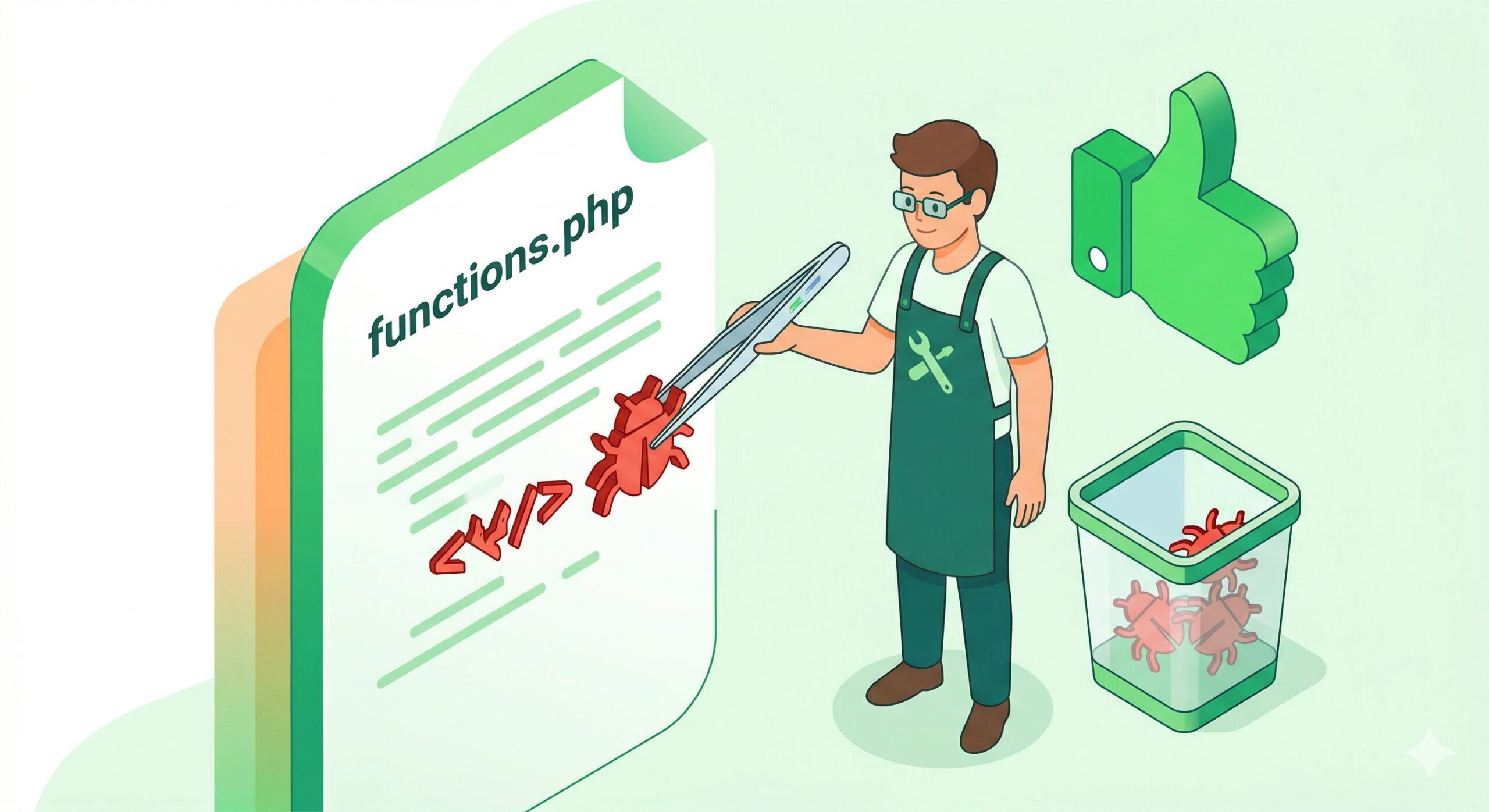 illustration of a technician removing malicious code bugs from a WordPress PHP file.