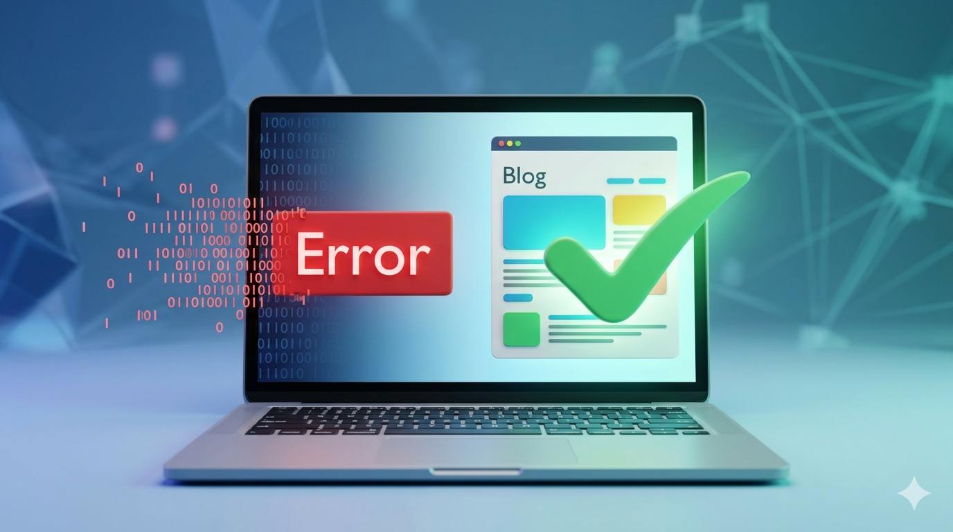 3D illustration showing a frustrating technical error transforming into a successful WordPress site loading.