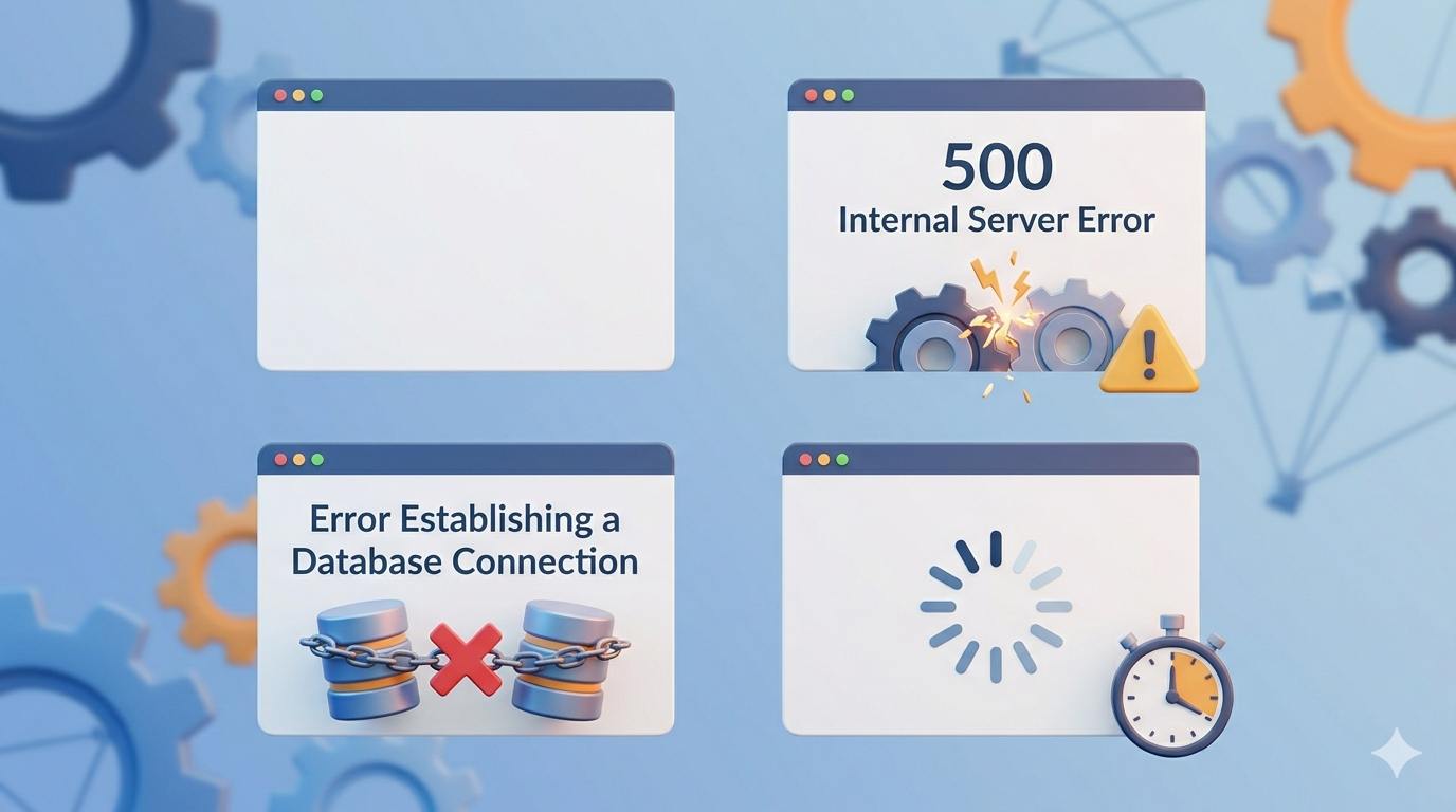 3D infographic showing four symptoms_ White Screen of Death, 500 Error, Database Connection Error, and Connection Timed Out.