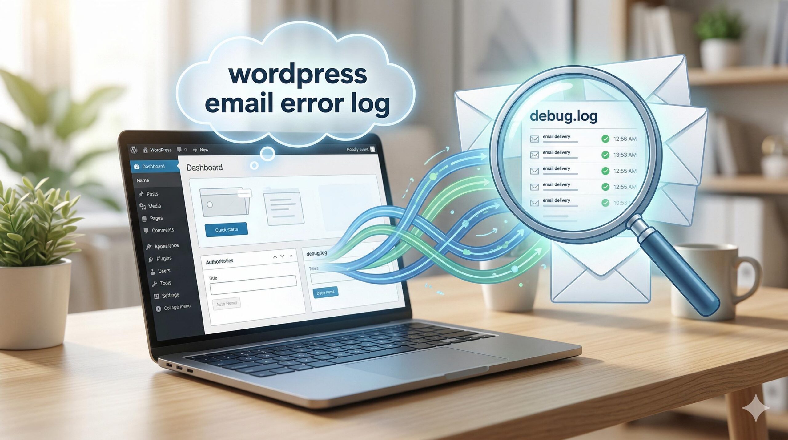 A beginner diagnosing missing WordPress emails using an illuminated error log.