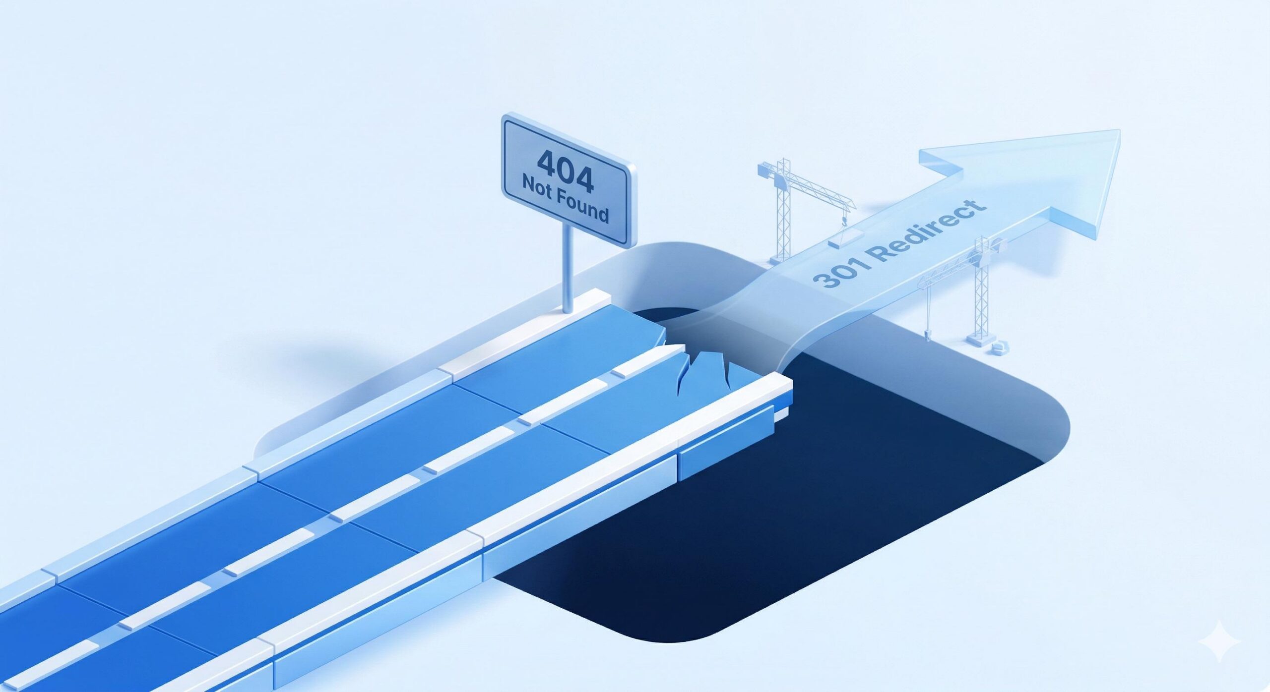 A broken digital bridge representing a 404 error and the need for 301 redirects.
