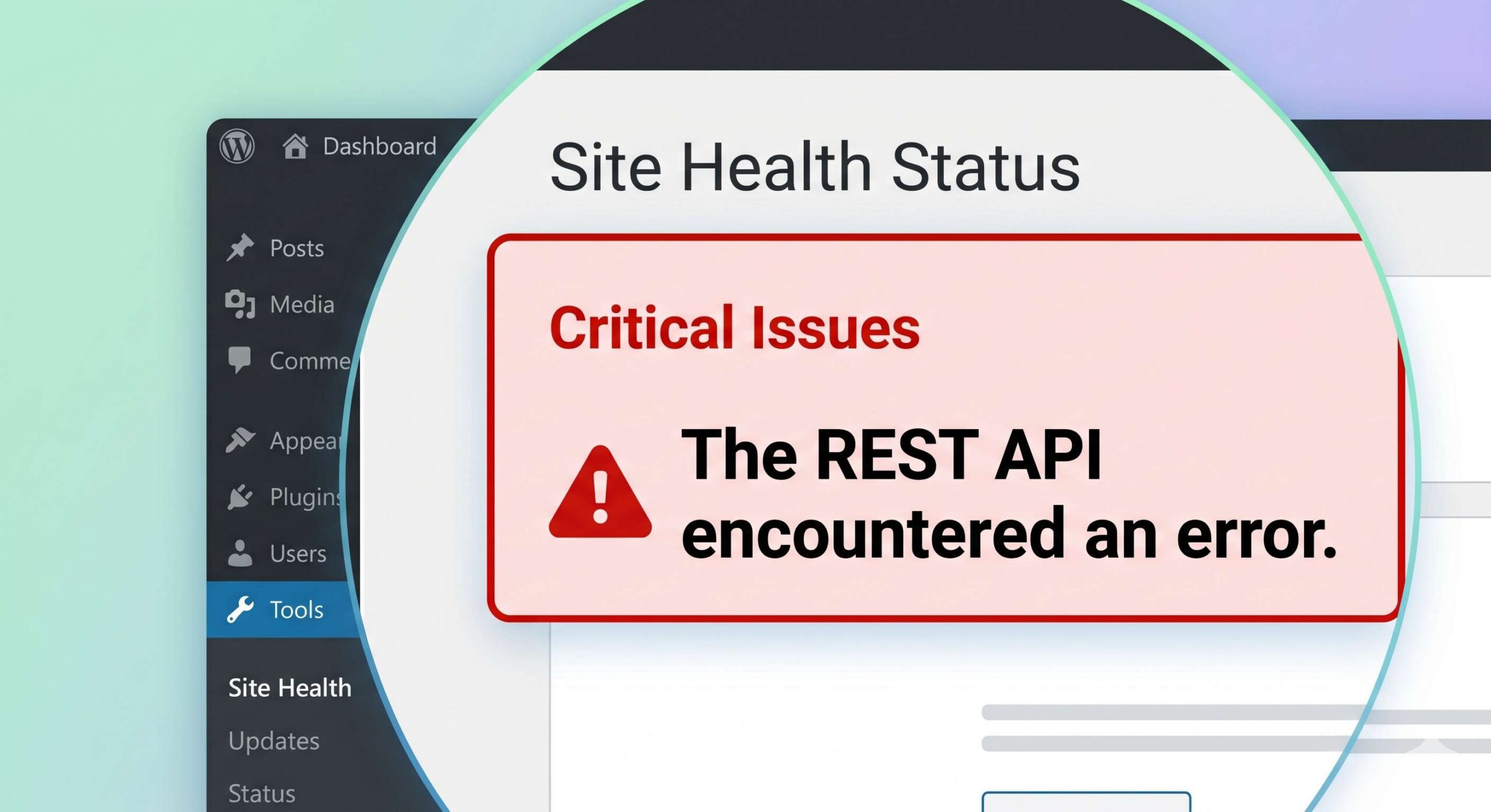 A close-up illustration of the WordPress Site Health screen showing a critical error message about the REST API.