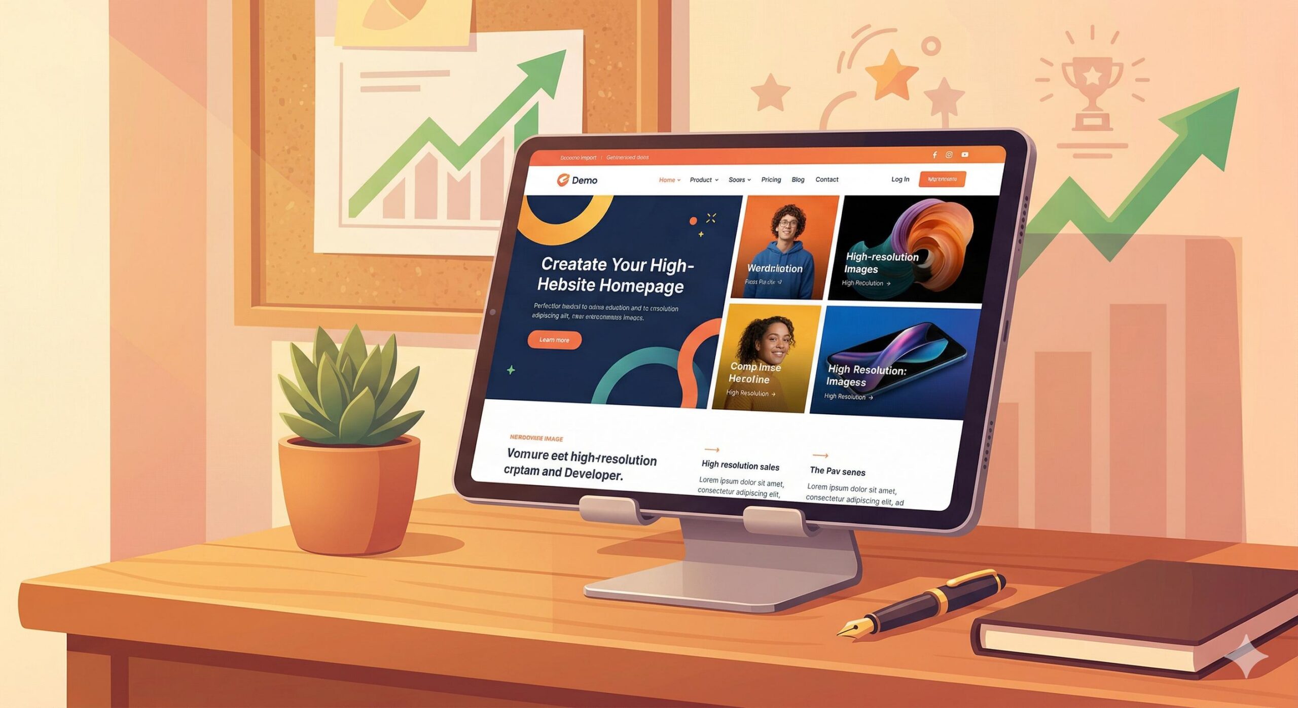 A complete and beautiful modern website displayed on a tablet.