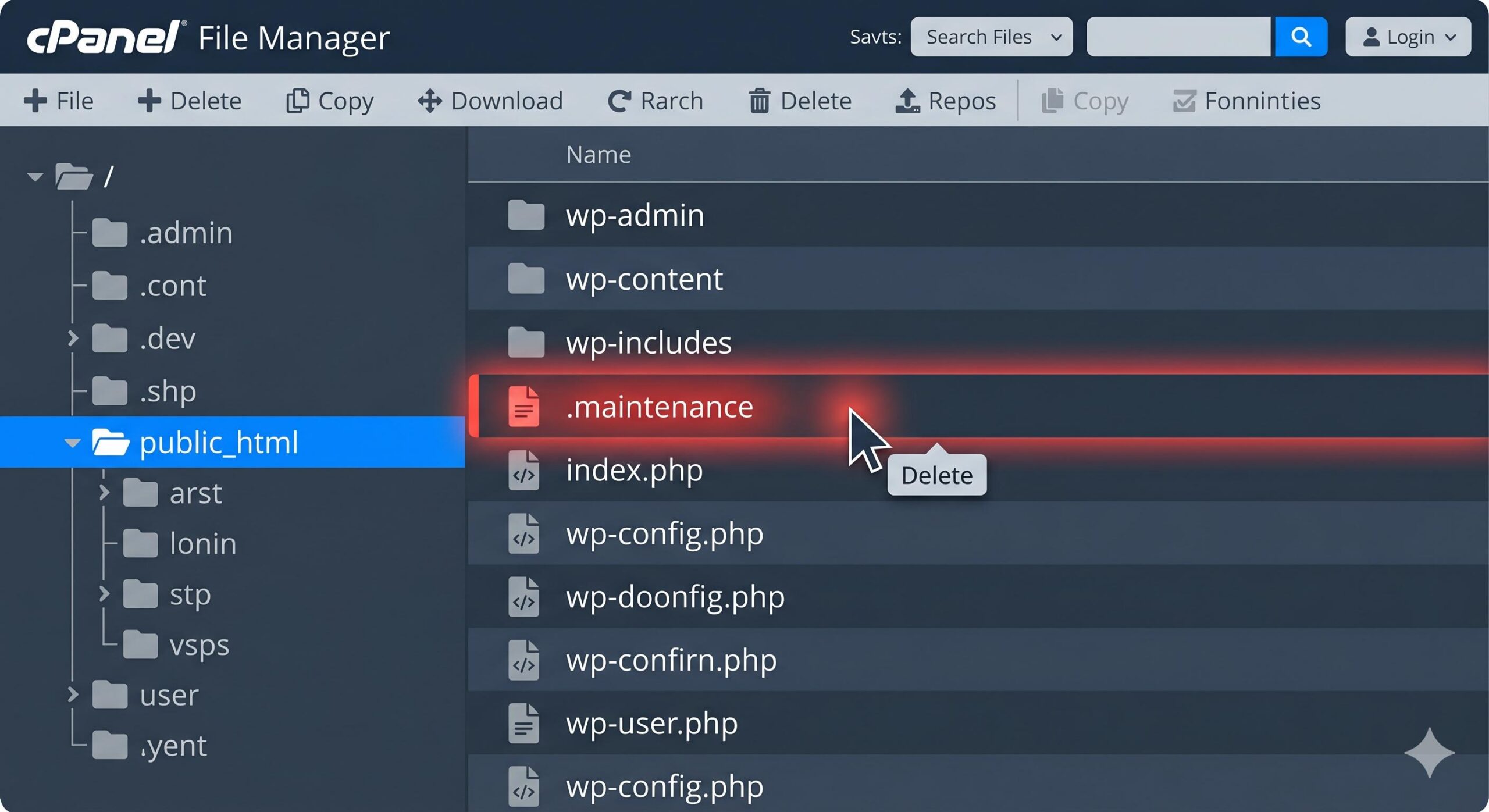 A digital cursor (arrow) is hovering right over the .maintenance file, and a small _Delete_ tooltip is popping up.