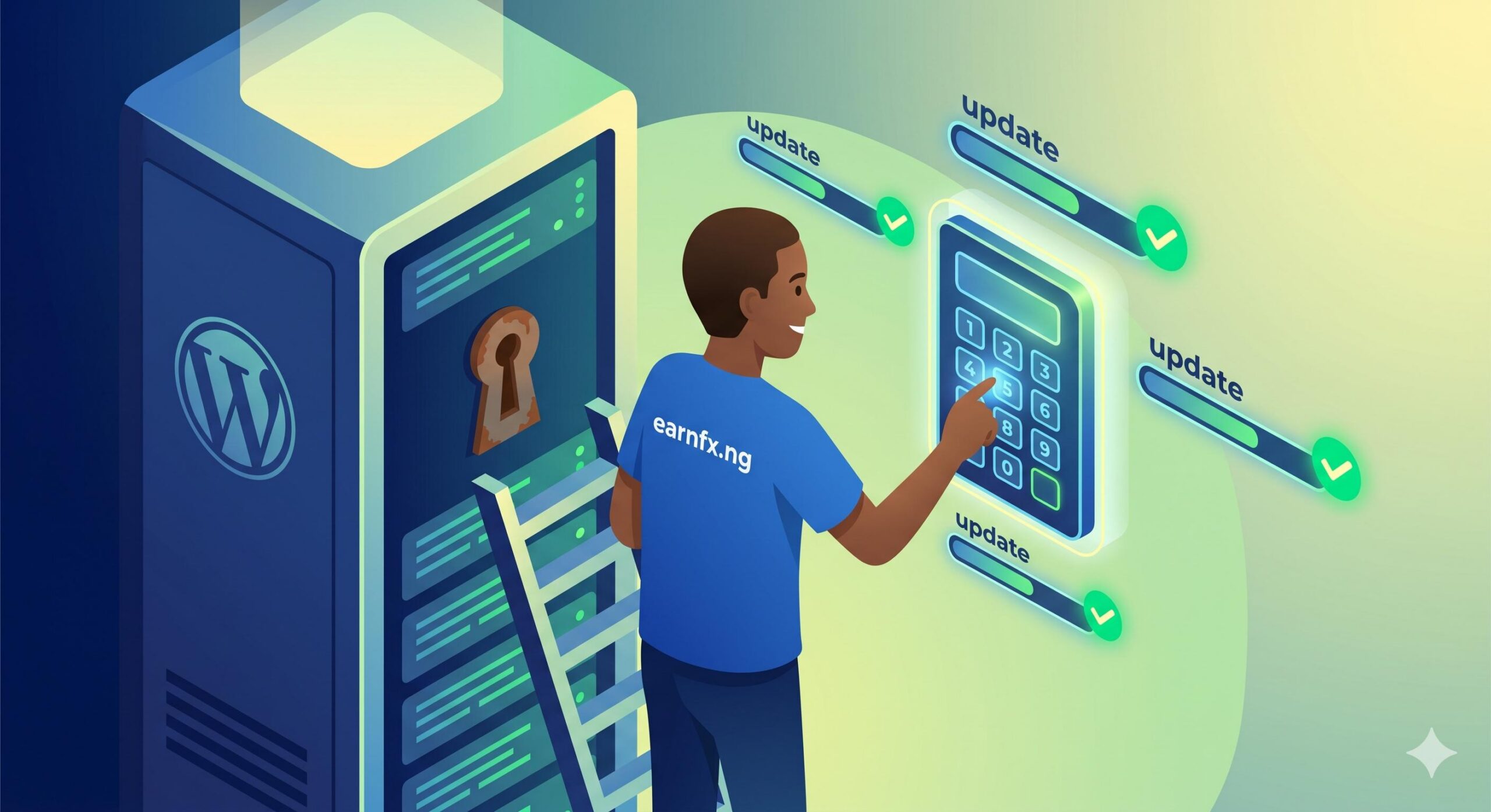 A digital handyman upgrading the lock on a WordPress server rack.