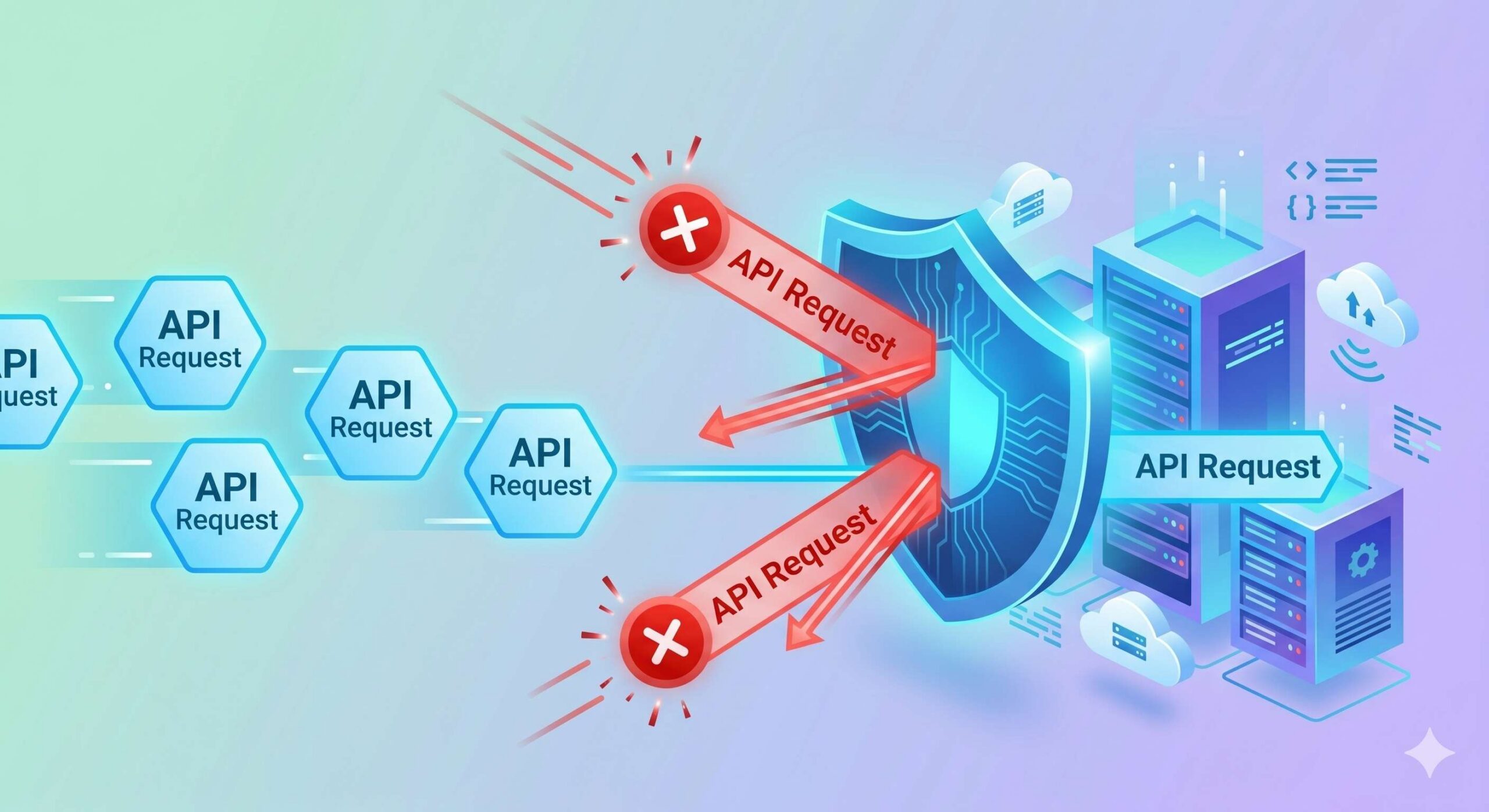 A digital illustration of a network security firewall (shield) blocking incoming data packets (API requests).