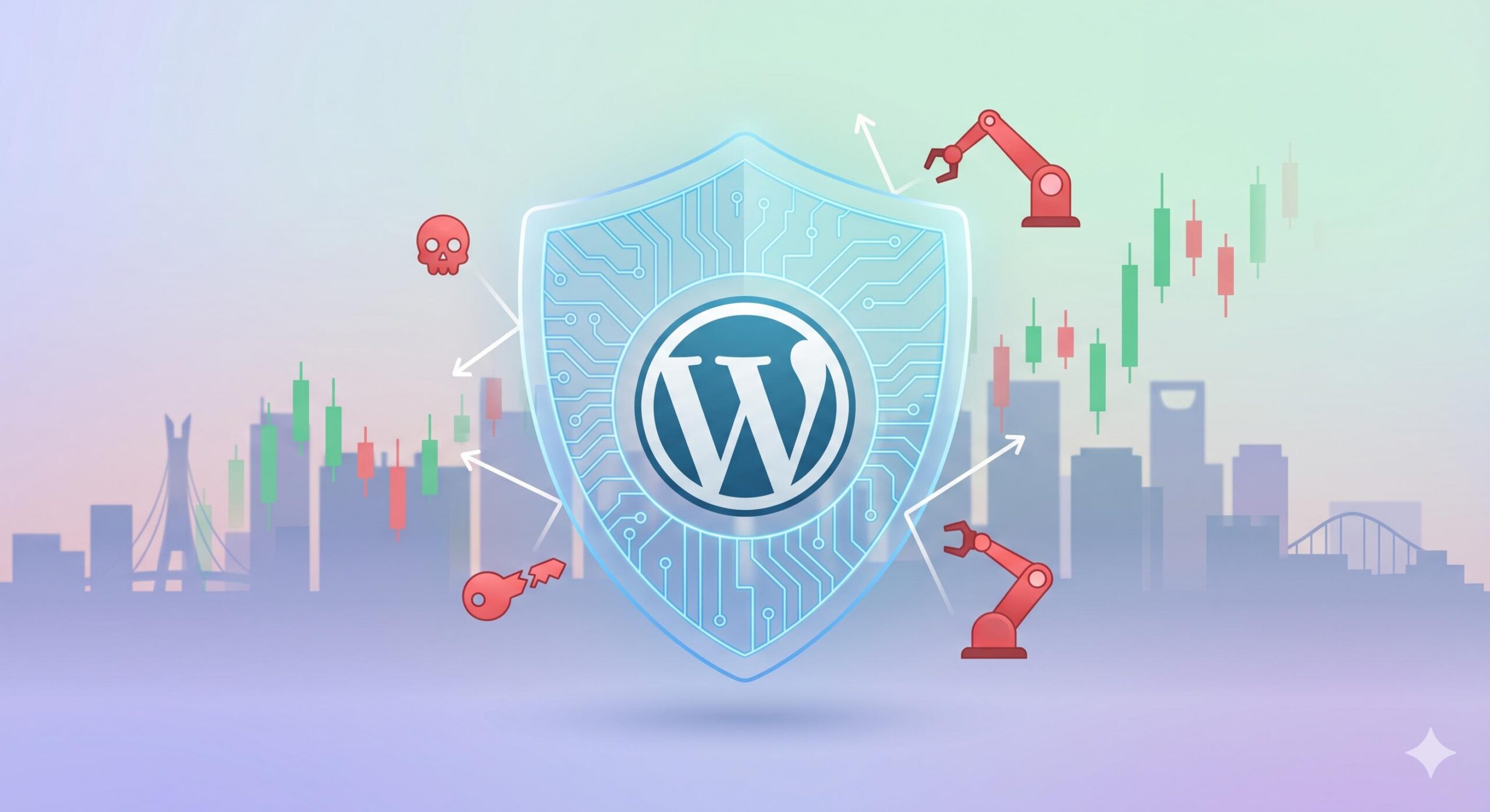 A digital shield protecting a WordPress blog against floating cyber threats.