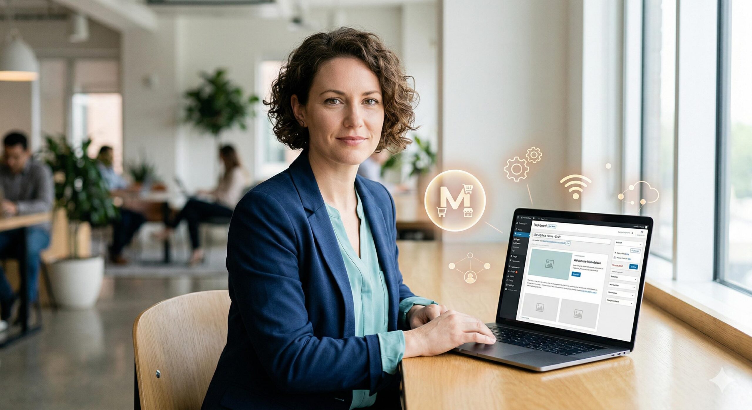 A focused person working on a website design with marketplace elements and trustworthy lighting.