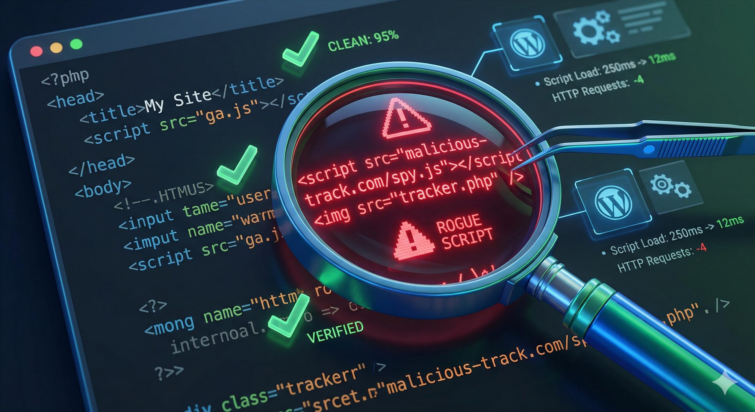 A magnifying glass identifying rogue tracking code within WordPress theme files.
