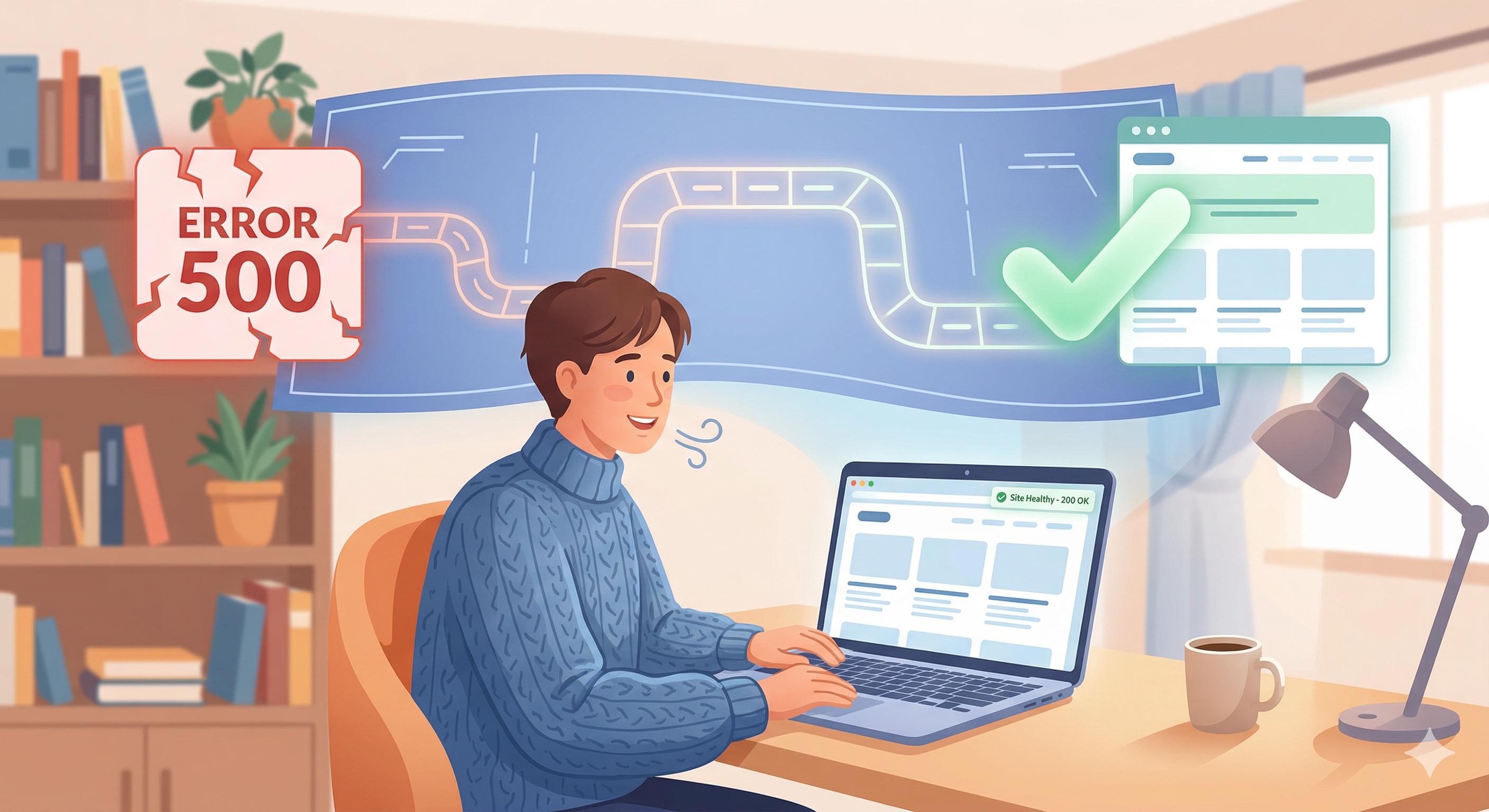A relief map showing the clear path to fix WordPress Error 500 internal server error. Detailed Image Prompt_