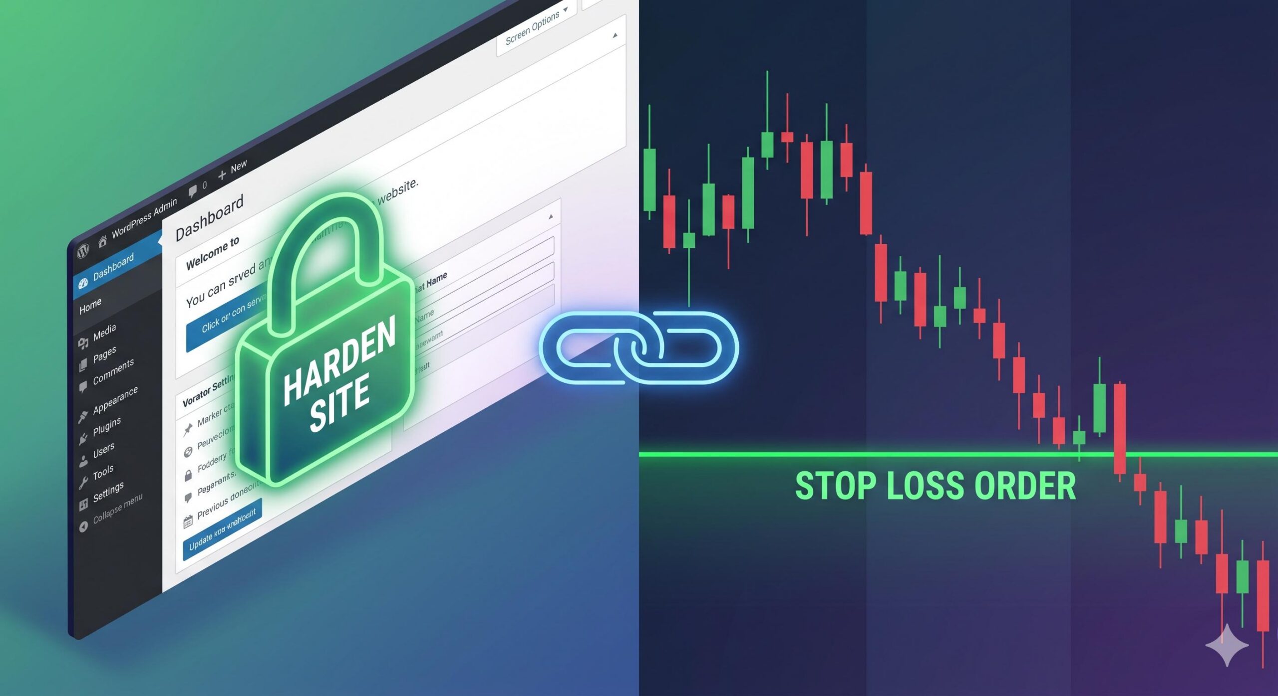 A split illustration linking a WordPress security lock to a forex Stop Loss order.