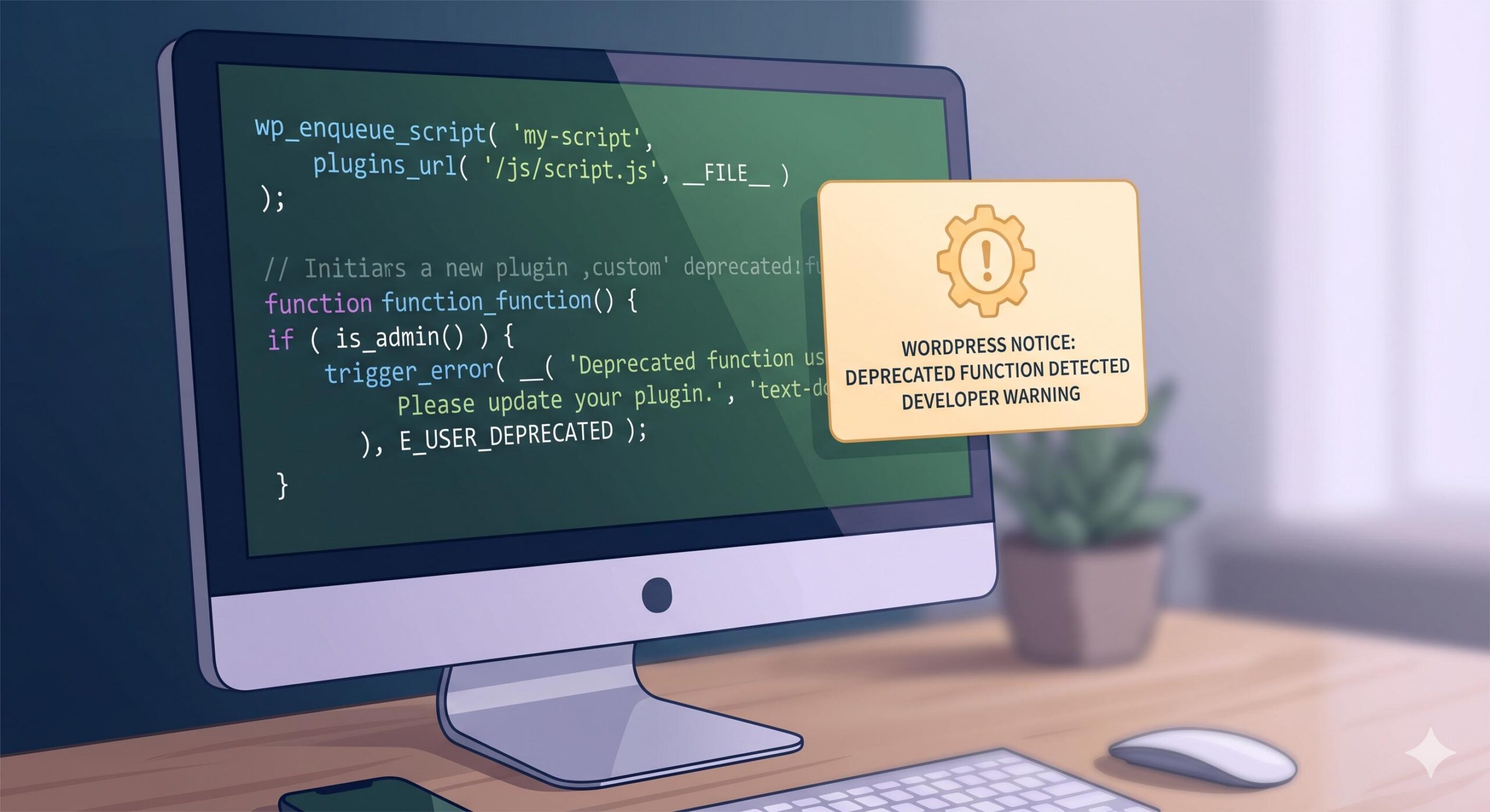 A stylized computer monitor displaying modern code lines and a professional WordPress error warning graphic.