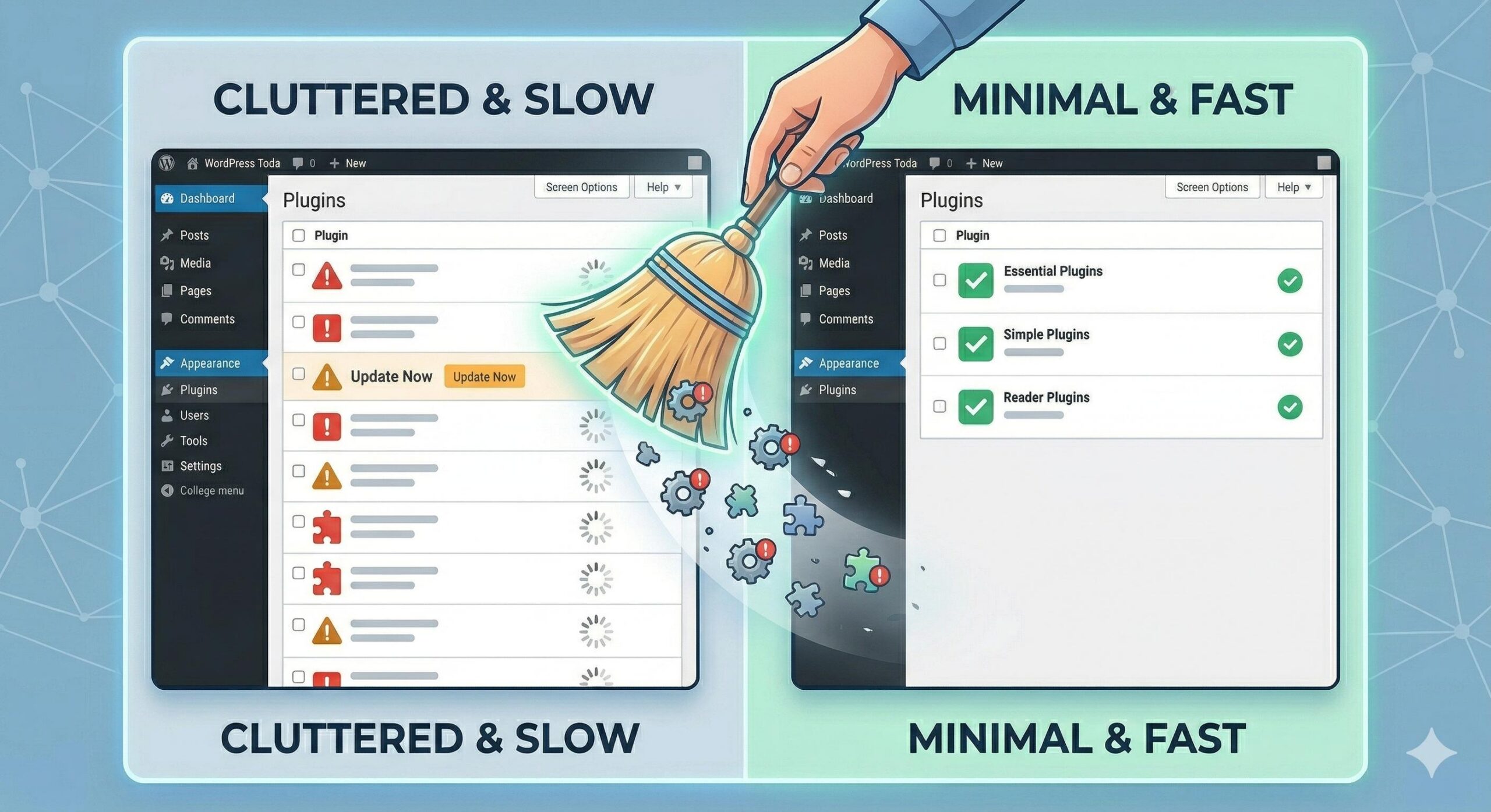 A visual contrast of a cluttered and slow WordPress plugin dashboard versus a minimal and fast, streamlined screen.