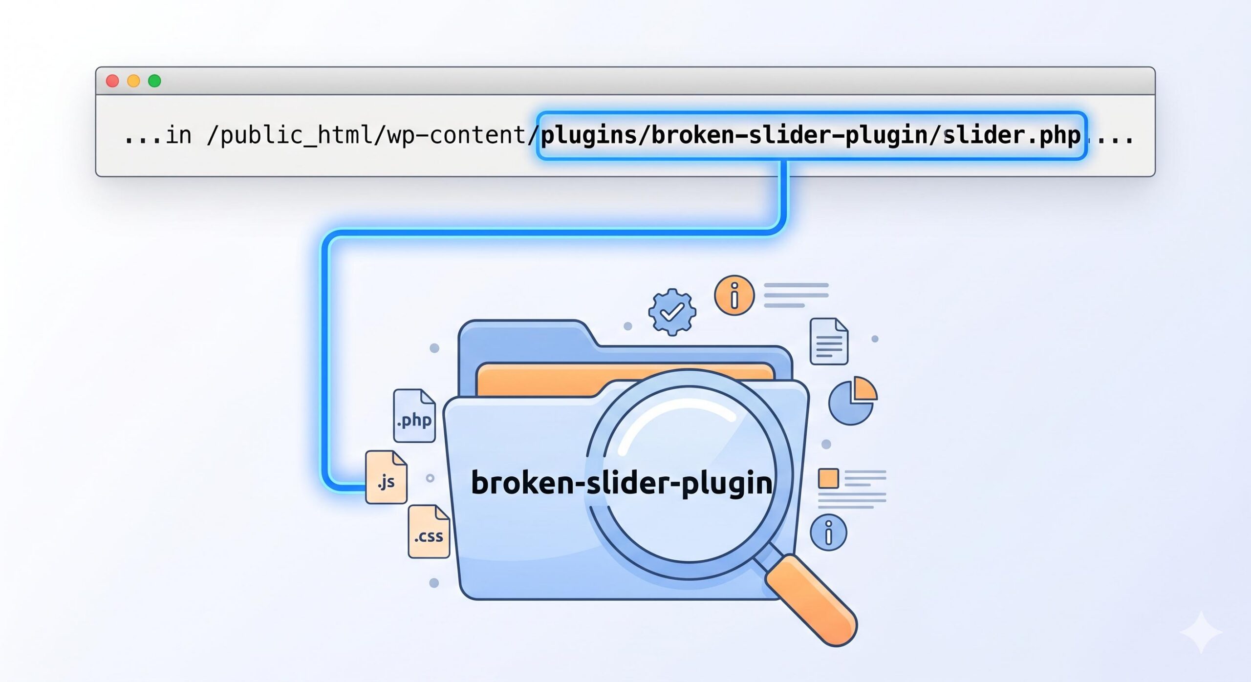An illustration visually connecting an example error message's file path to a specific problematic plugin folder, showing how to identify the cause.