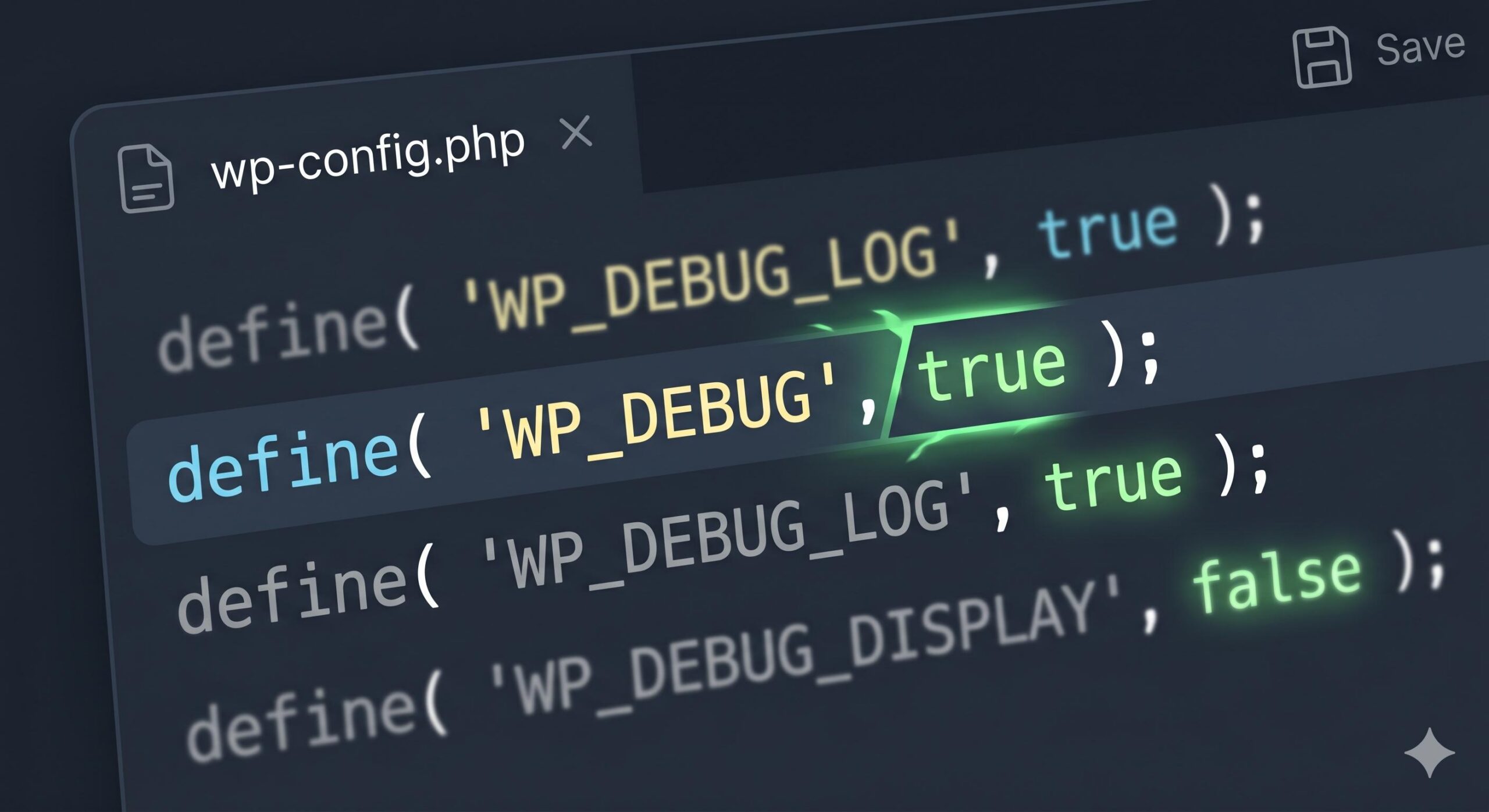 An illustrative graphic from a code editor, highlighting the exact line change (WP_DEBUG true to false) needed in wp-config.php to hide errors.