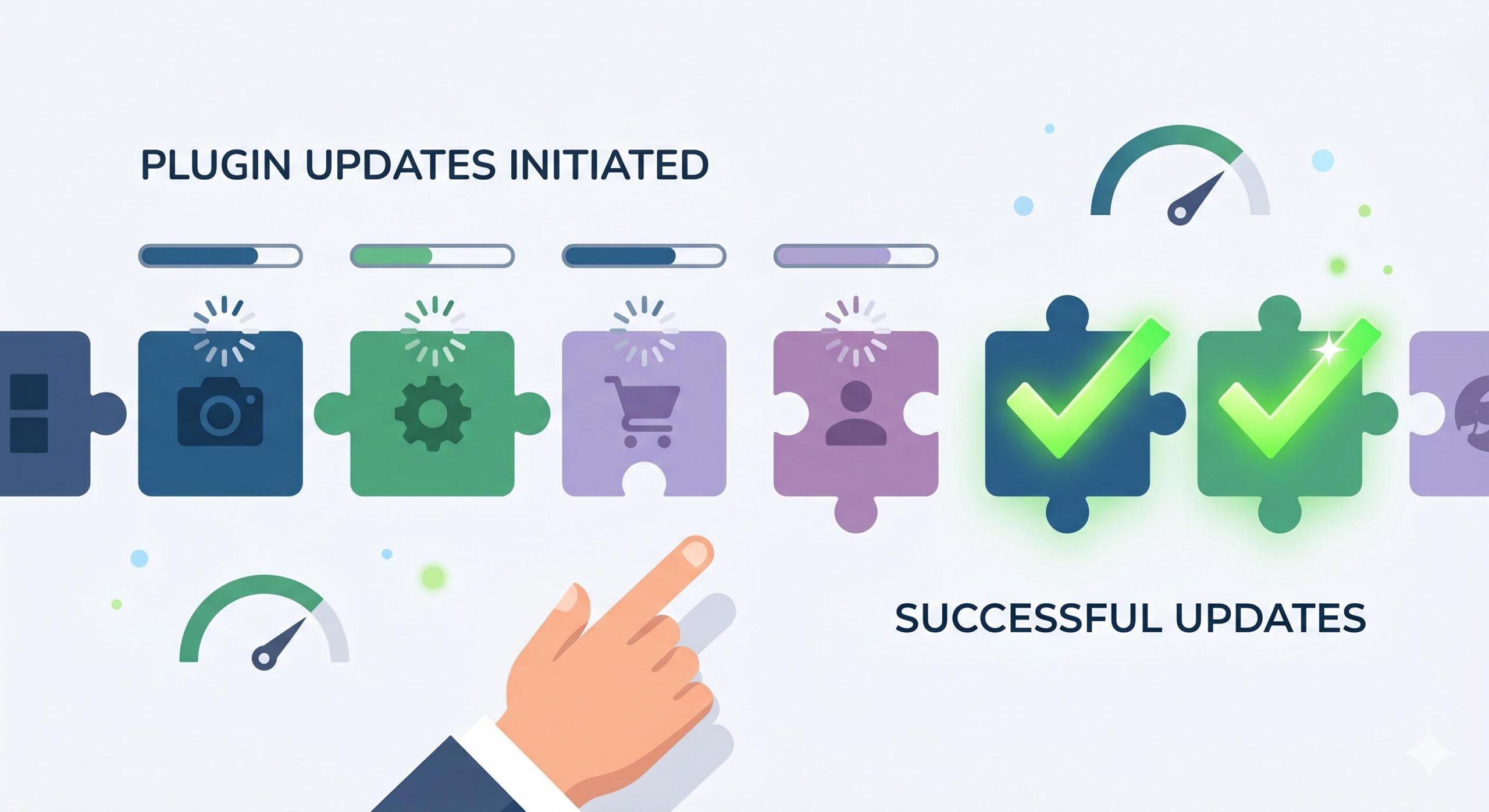 An illustrative graphic showing multiple generic WordPress plugins with progress indicators and green checkmarks, visualizing successful updates.