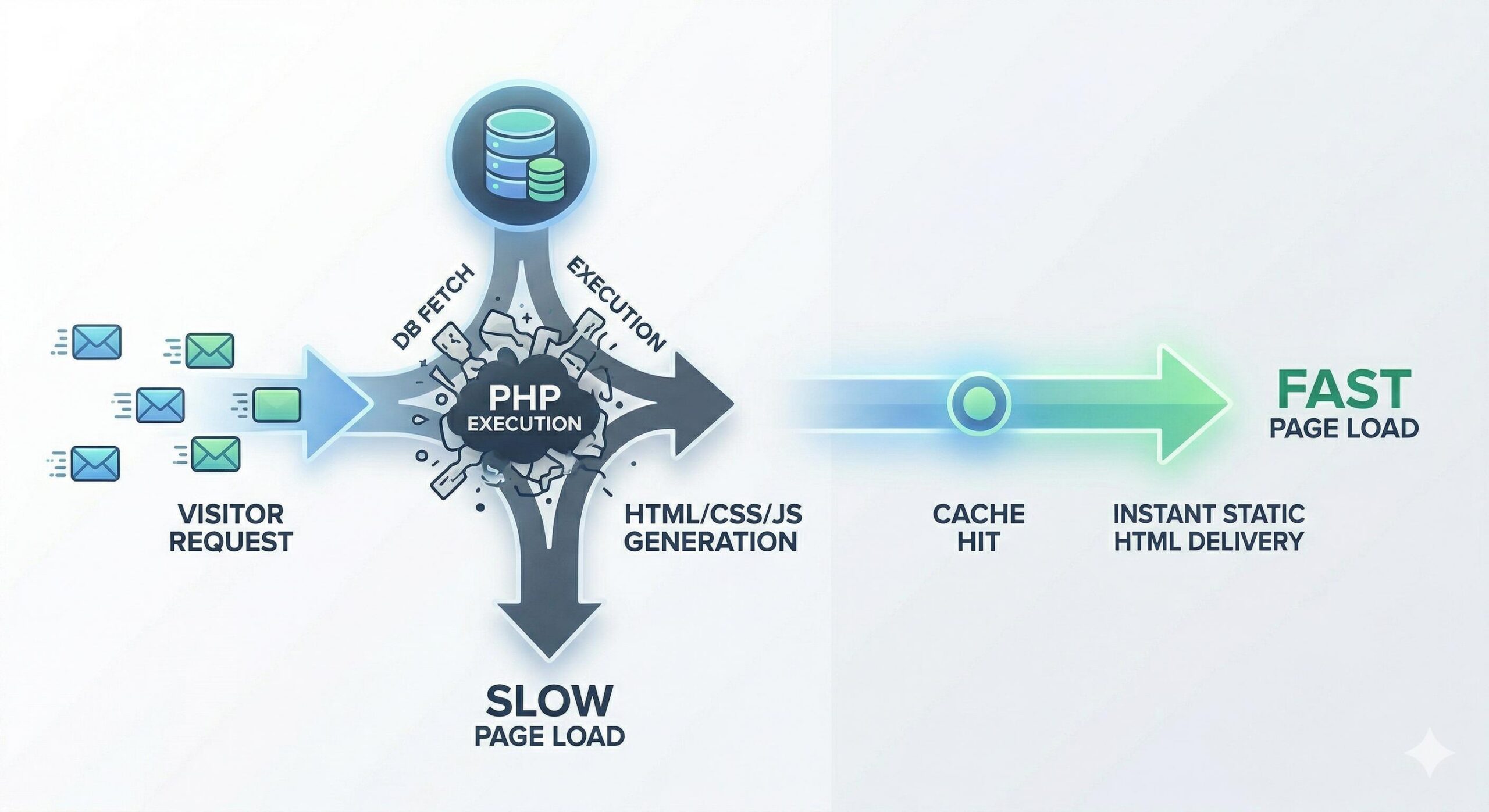 An infographic comparing traditional dynamic WordPress page creation to an optimized, fast static page delivery.