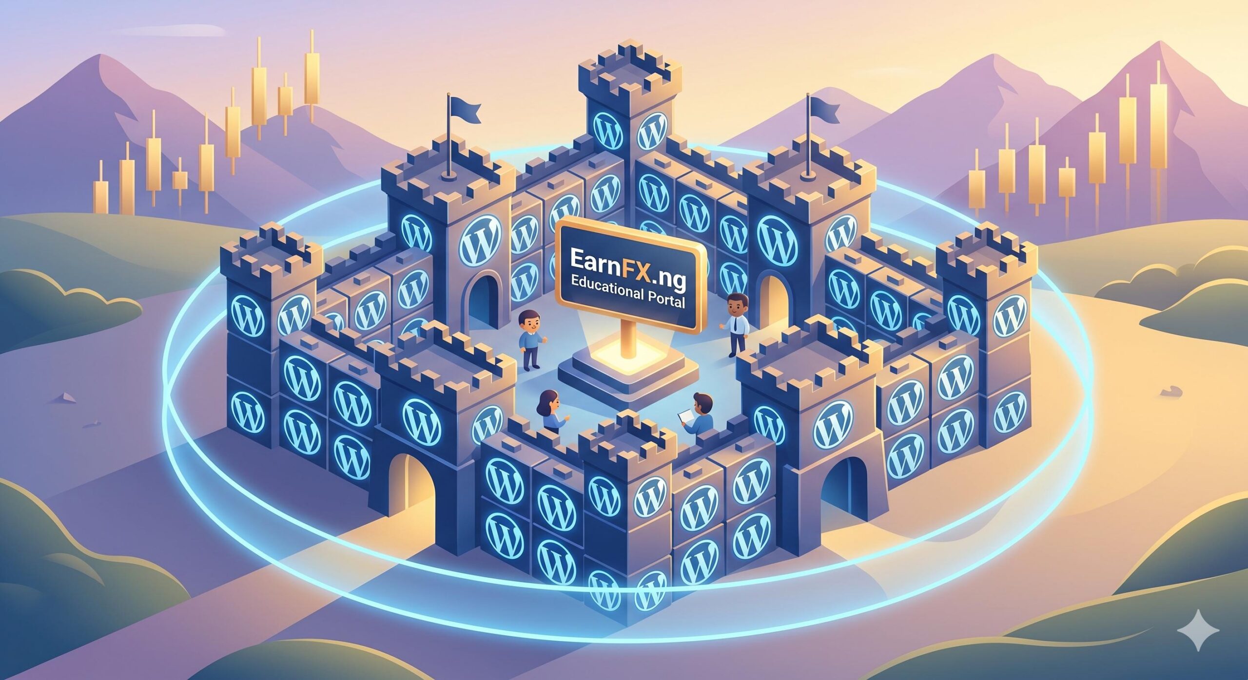 An isometric digital fortress constructed from secure WordPress blocks.