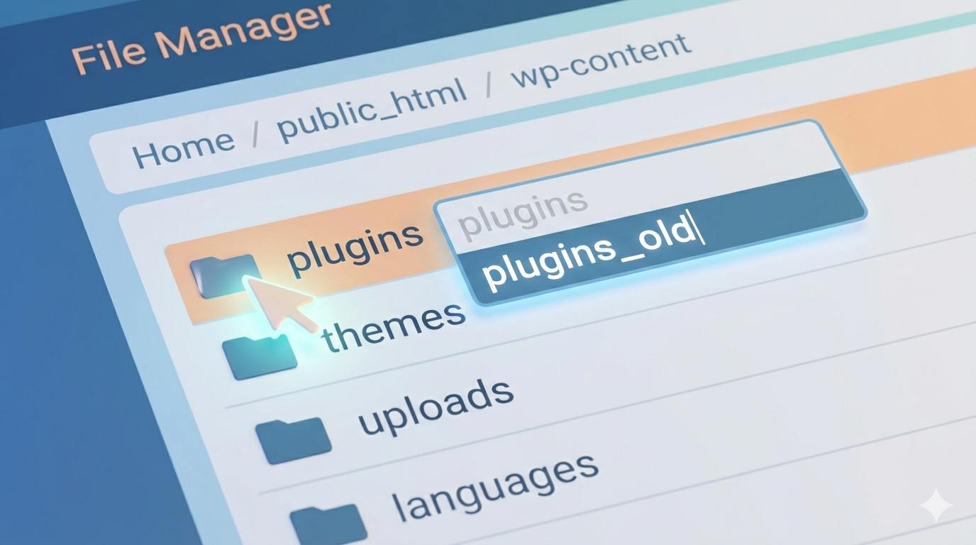 Browser view of renaming the WordPress plugins folder via cPanel File Manager.