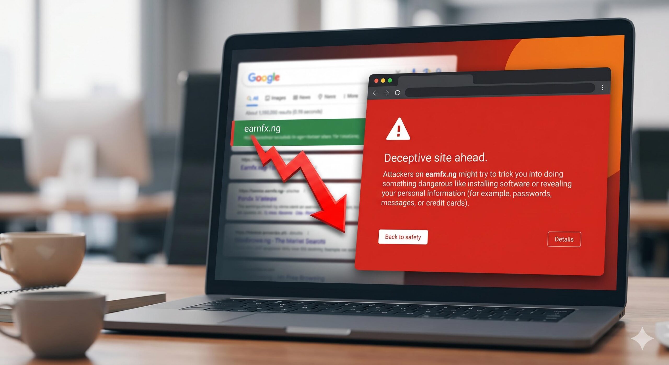 Close-up of a browser showing the deceptive site red warning screen.
