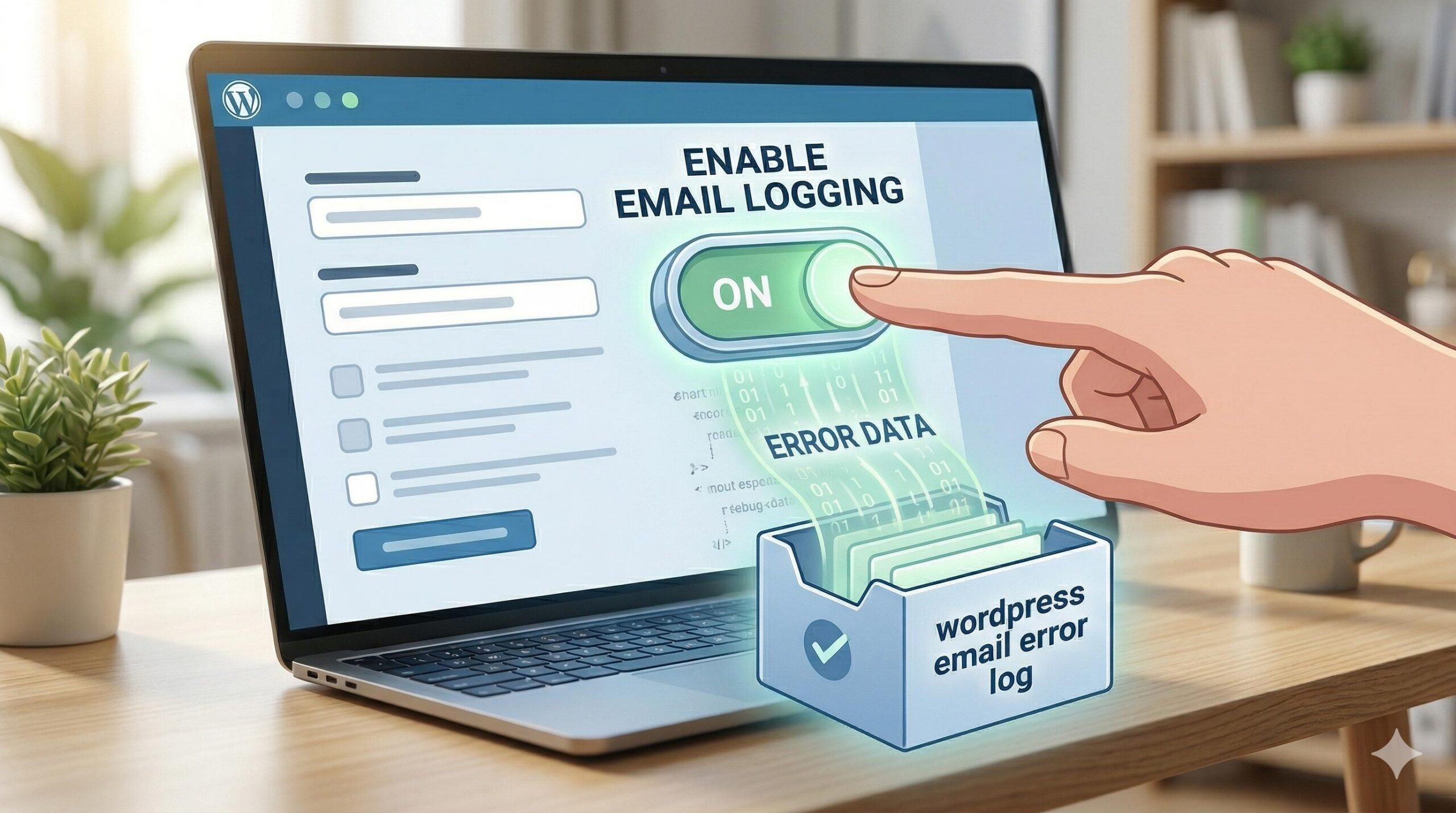 Close up view of activating the email logging toggle within a WordPress plugin.