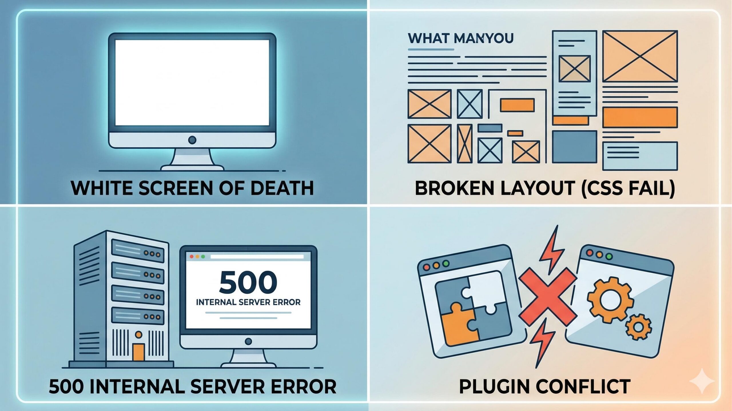 Collage showing White Screen, Broken Layout, 500 Error, and Plugin Conflict concepts.
