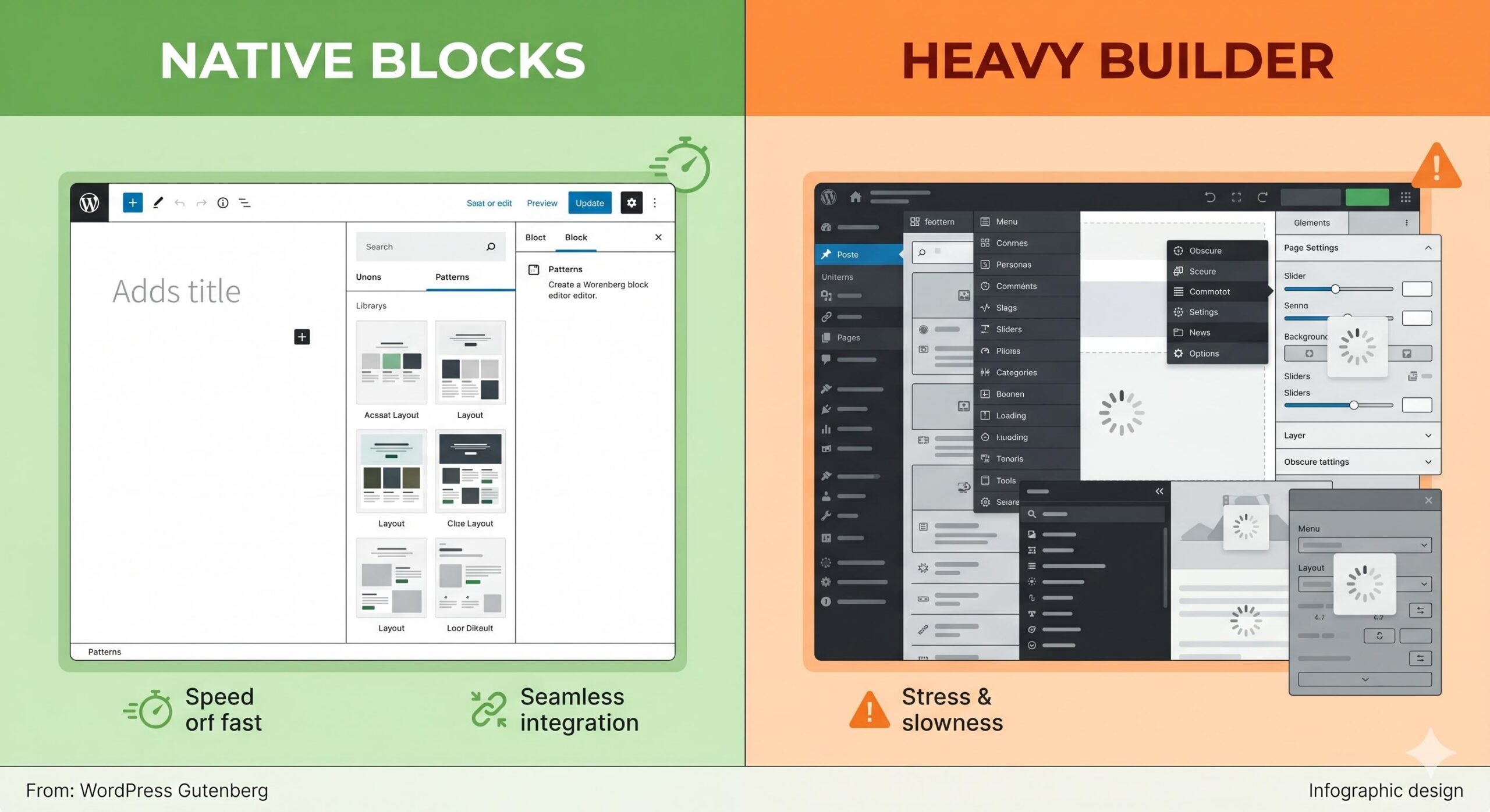 Comparison illustration between the native WordPress Block Editor and a heavy third-party page builder.