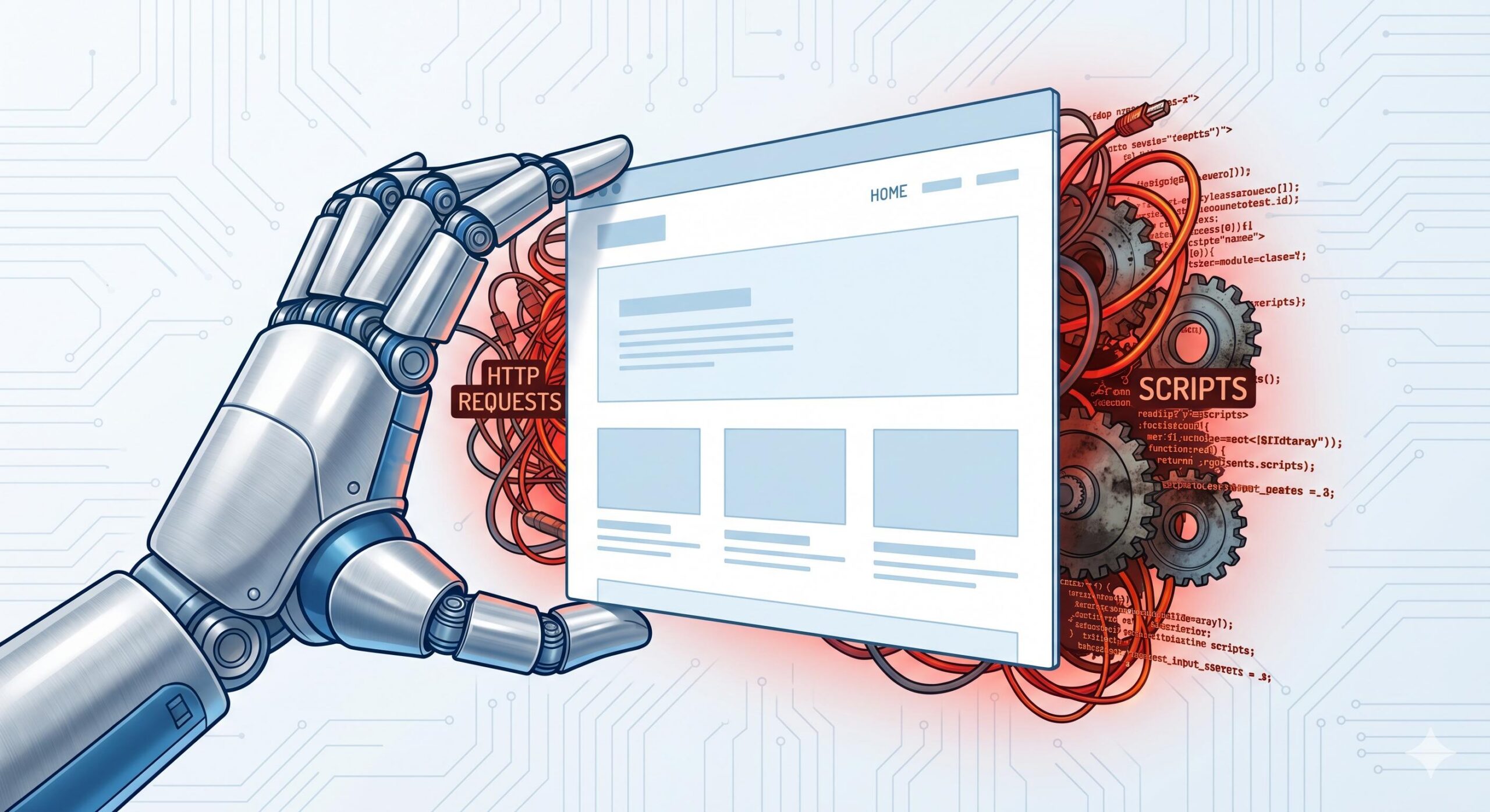 Concept art of a sleek website interface mask hiding messy, heavy backend code.